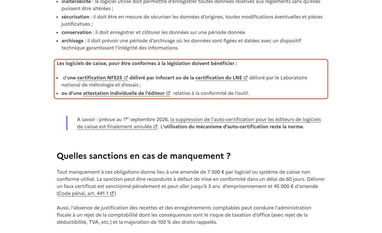 Dossier « Caisse enregistreuse et logiciel de caisse » de francenum.gouv.fr : la liste des justificatifs acceptés, certification NF525, certification du LNE ou attestation individuelle de l'éditeur, est encadrée
