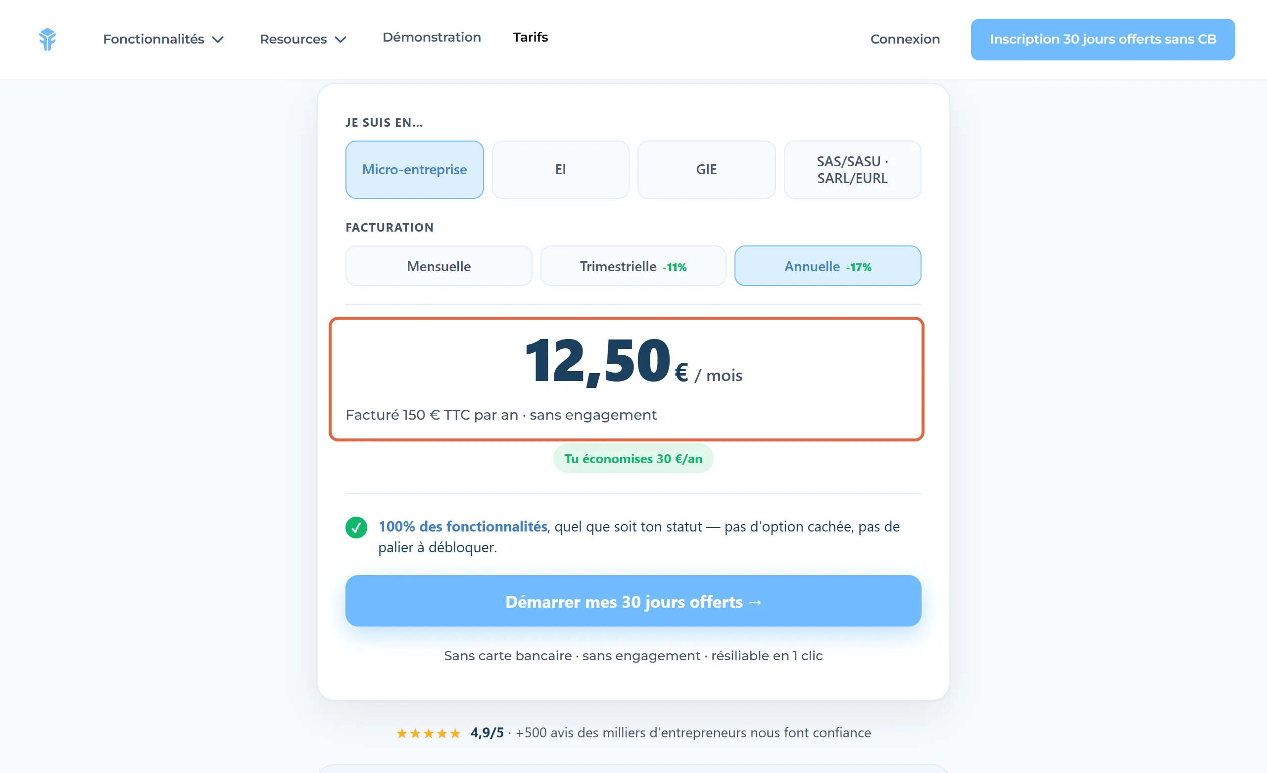 Page de tarifs de Freebe avec le statut Micro-entreprise et la facturation annuelle sélectionnés : le prix de 12,50 € par mois, facturé 150 € TTC par an, est encadré