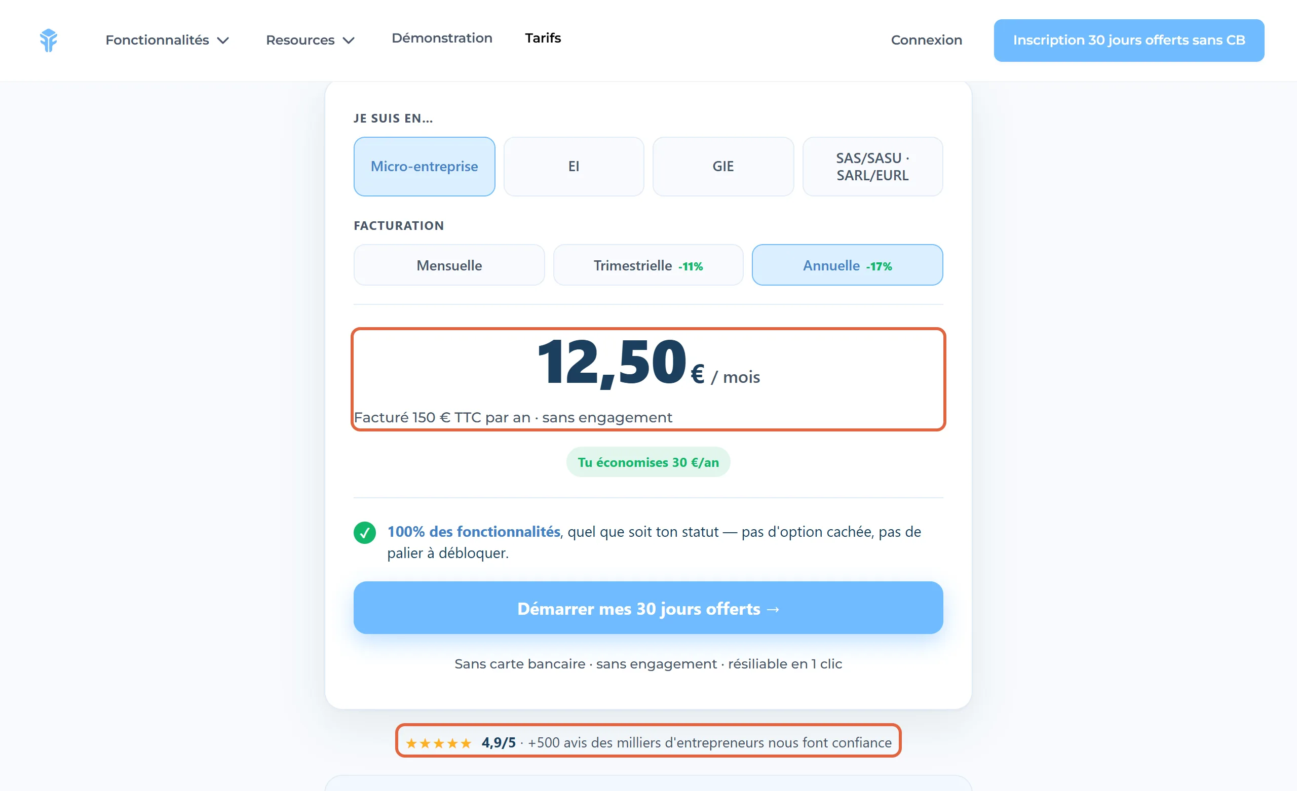 Page des tarifs de Freebe, statut Micro-entreprise et facturation annuelle sélectionnés, avec le prix de 12,50 € par mois et la mention Facturé 150 € TTC par an encadrés, ainsi que la ligne 4,9/5 · +500 avis sous le bouton