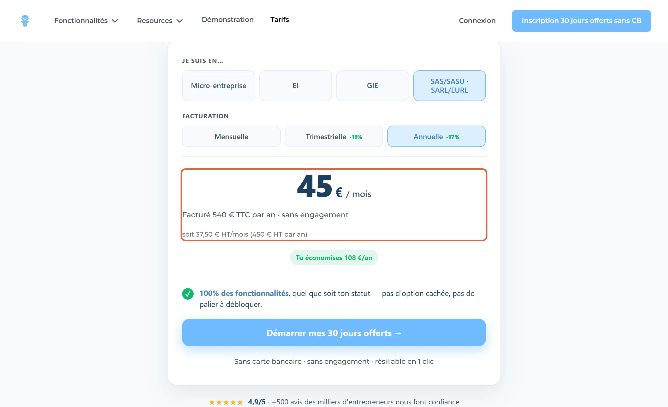 Page des tarifs de Freebe, statut SAS/SASU · SARL/EURL et facturation annuelle sélectionnés, avec le prix de 45 € par mois, la mention Facturé 540 € TTC par an et la ligne soit 37,50 € HT/mois encadrés