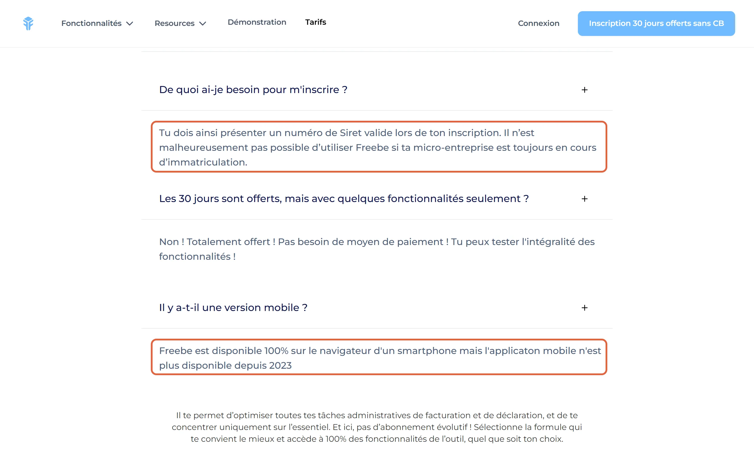 Questions fréquentes de la page des tarifs de Freebe, avec deux réponses encadrées : il faut présenter un numéro de Siret valide lors de l'inscription, et l'application mobile n'est plus disponible depuis 2023