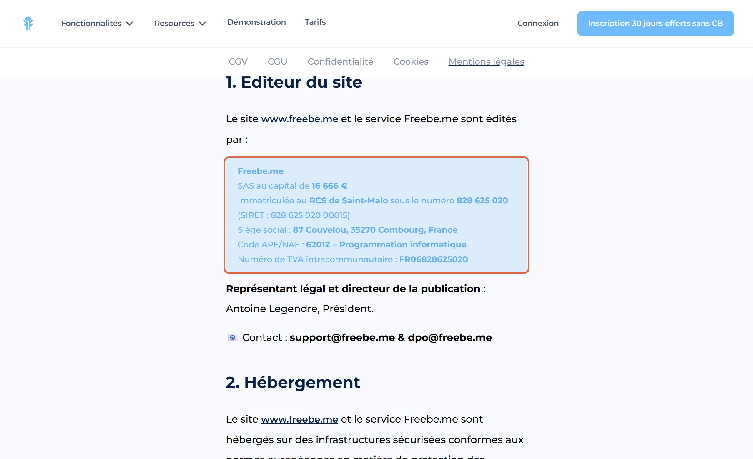 Mentions légales du site de Freebe, avec le bloc de l'éditeur encadré : Freebe.me, SAS au capital de 16 666 €, RCS de Saint-Malo 828 625 020, siège à Combourg, numéro de TVA intracommunautaire FR06828625020