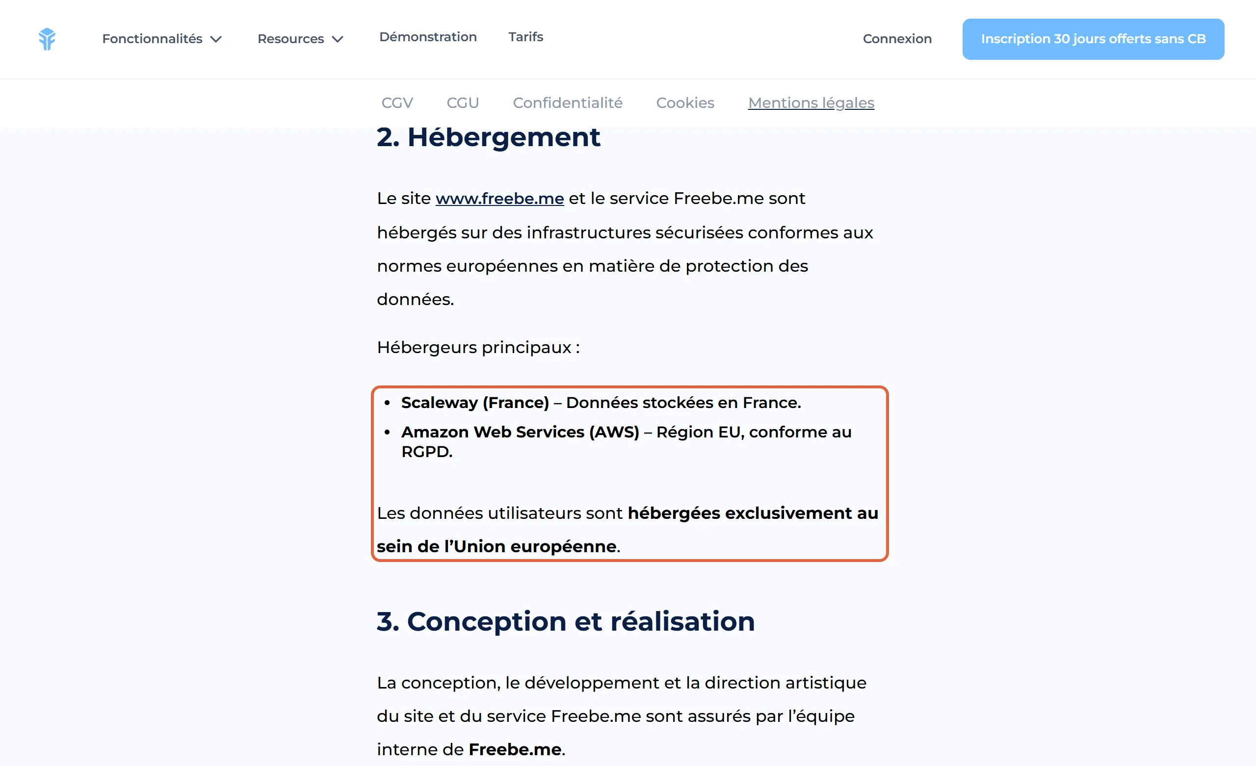Mentions légales de Freebe, section 2 Hébergement, avec la liste encadrée : Scaleway (France), données stockées en France, Amazon Web Services, région EU, et la phrase les données utilisateurs sont hébergées exclusivement au sein de l'Union européenne