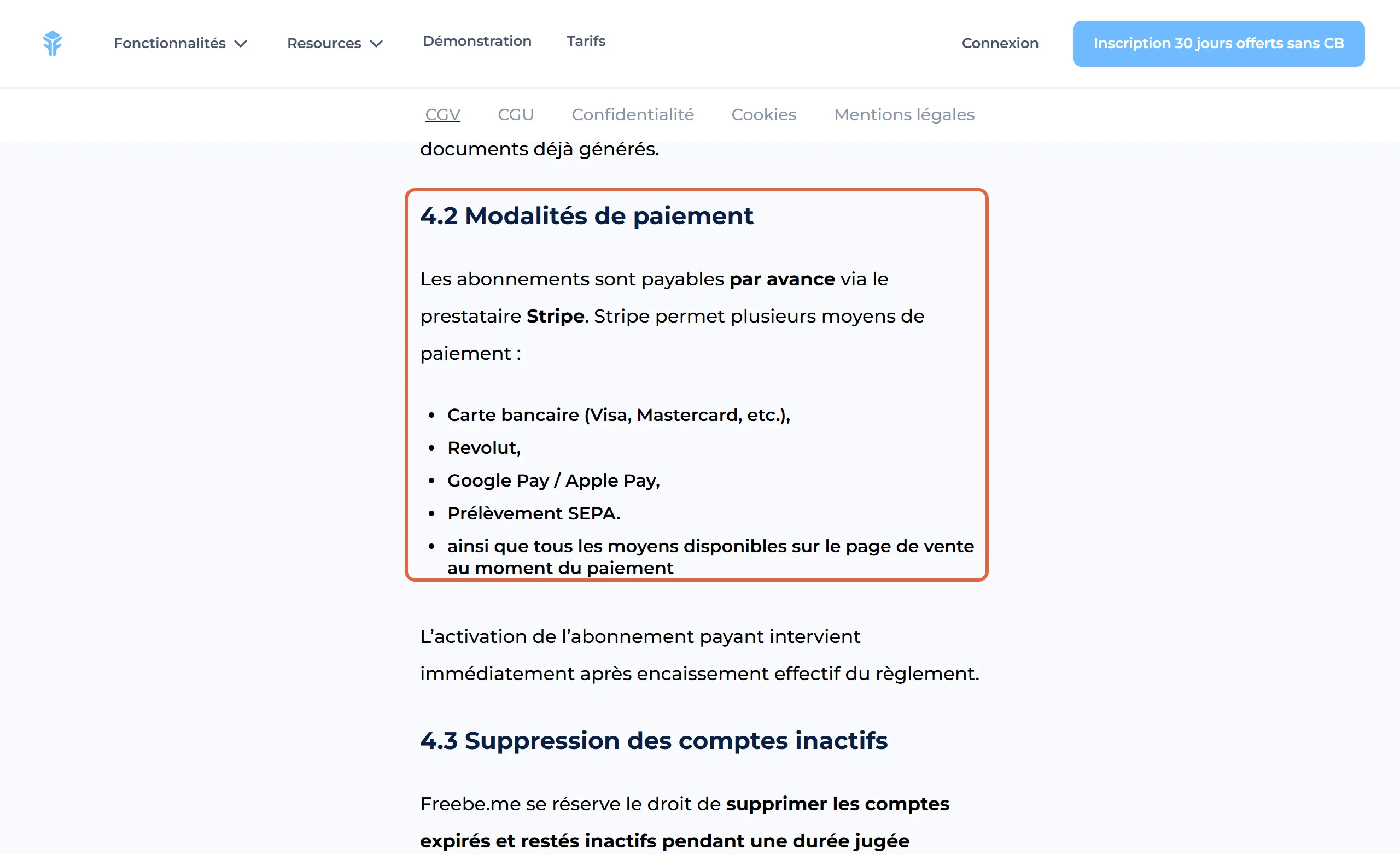 Article 4.2 Modalités de paiement des conditions générales de vente de Freebe, encadré : abonnements payables par avance via Stripe, carte bancaire, Revolut, Google Pay et Apple Pay, prélèvement SEPA