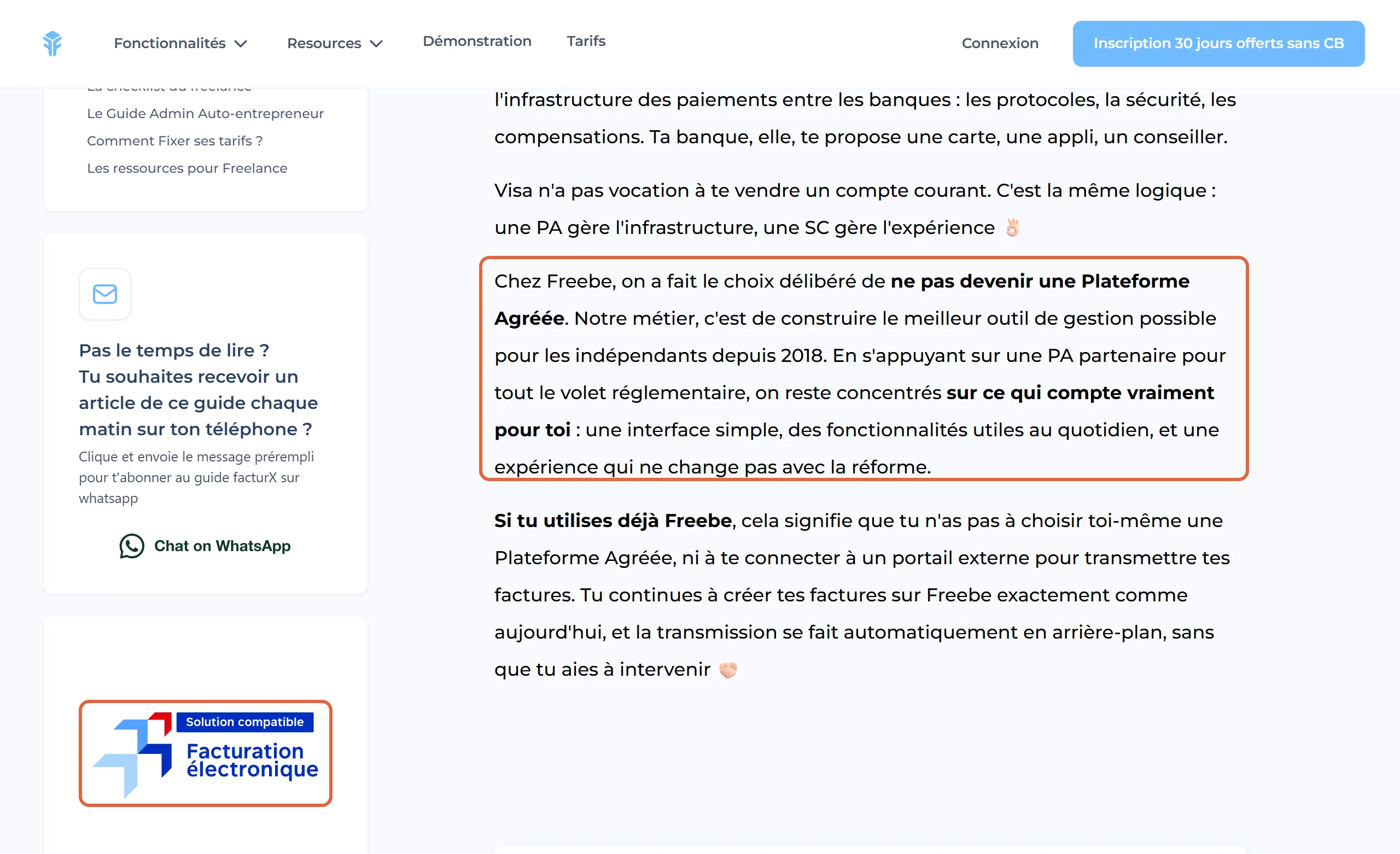 Guide Factur-X de Freebe, page Les Solutions Compatibles, avec le paragraphe Chez Freebe, on a fait le choix délibéré de ne pas devenir une Plateforme Agréée encadré, et le logo Solution compatible Facturation électronique encadré dans la colonne de gauche