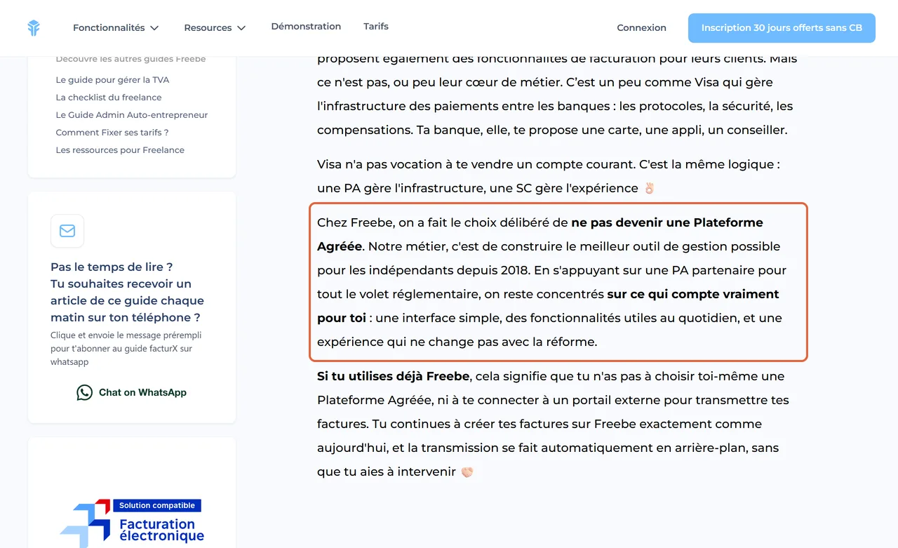 Guide Factur-X de Freebe, page sur les solutions compatibles : le paragraphe Chez Freebe, on a fait le choix délibéré de ne pas devenir une Plateforme Agréée est encadré