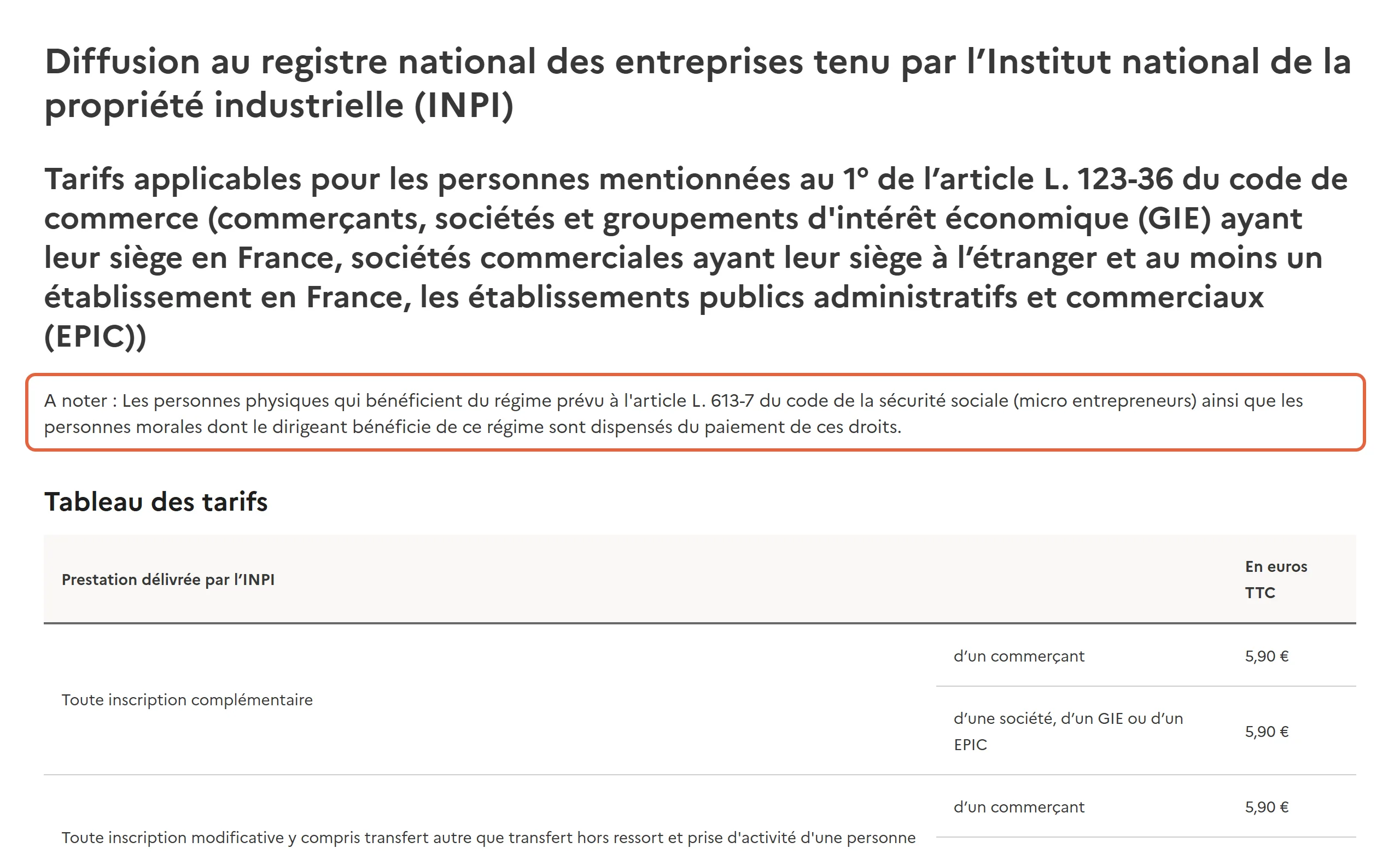 Tarifs des formalités sur formalites.entreprises.gouv.fr : la note encadrée dispense les micro-entrepreneurs du paiement des droits de l’INPI