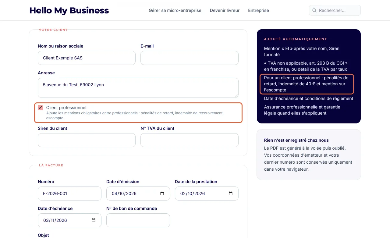 Formulaire du générateur de facture de Hello My Business : la case « Client professionnel » cochée est encadrée, ainsi que la ligne sur les pénalités et l'indemnité de 40 € ajoutées automatiquement