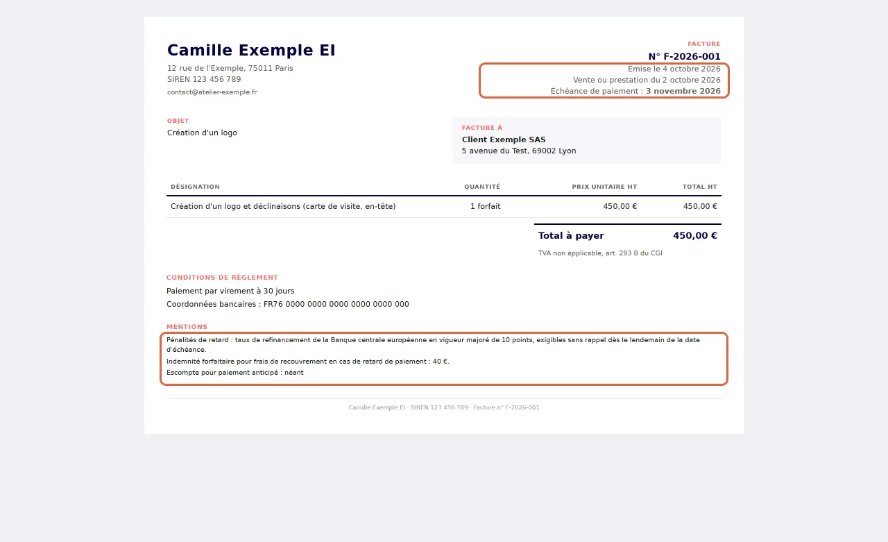 Aperçu de la facture produite par Hello My Business : dates d'émission, de prestation et d'échéance encadrées en haut, mentions de pénalités, d'indemnité de 40 € et d'escompte encadrées en bas