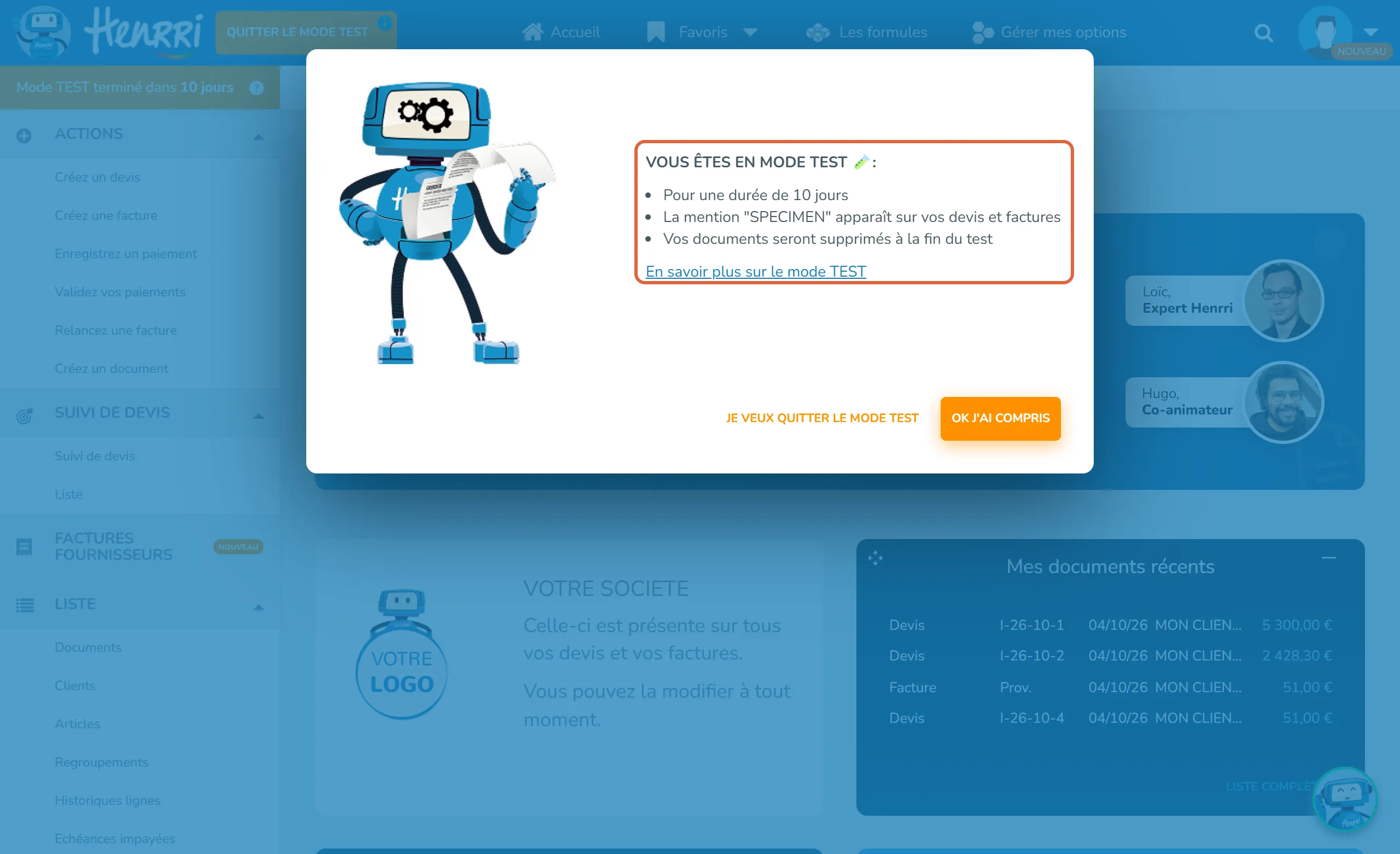 Fenêtre Vous êtes en mode TEST à l'ouverture d'un compte Henrri ; la liste encadrée indique : pour une durée de 10 jours, la mention SPECIMEN apparaît sur vos devis et factures, vos documents seront supprimés à la fin du test