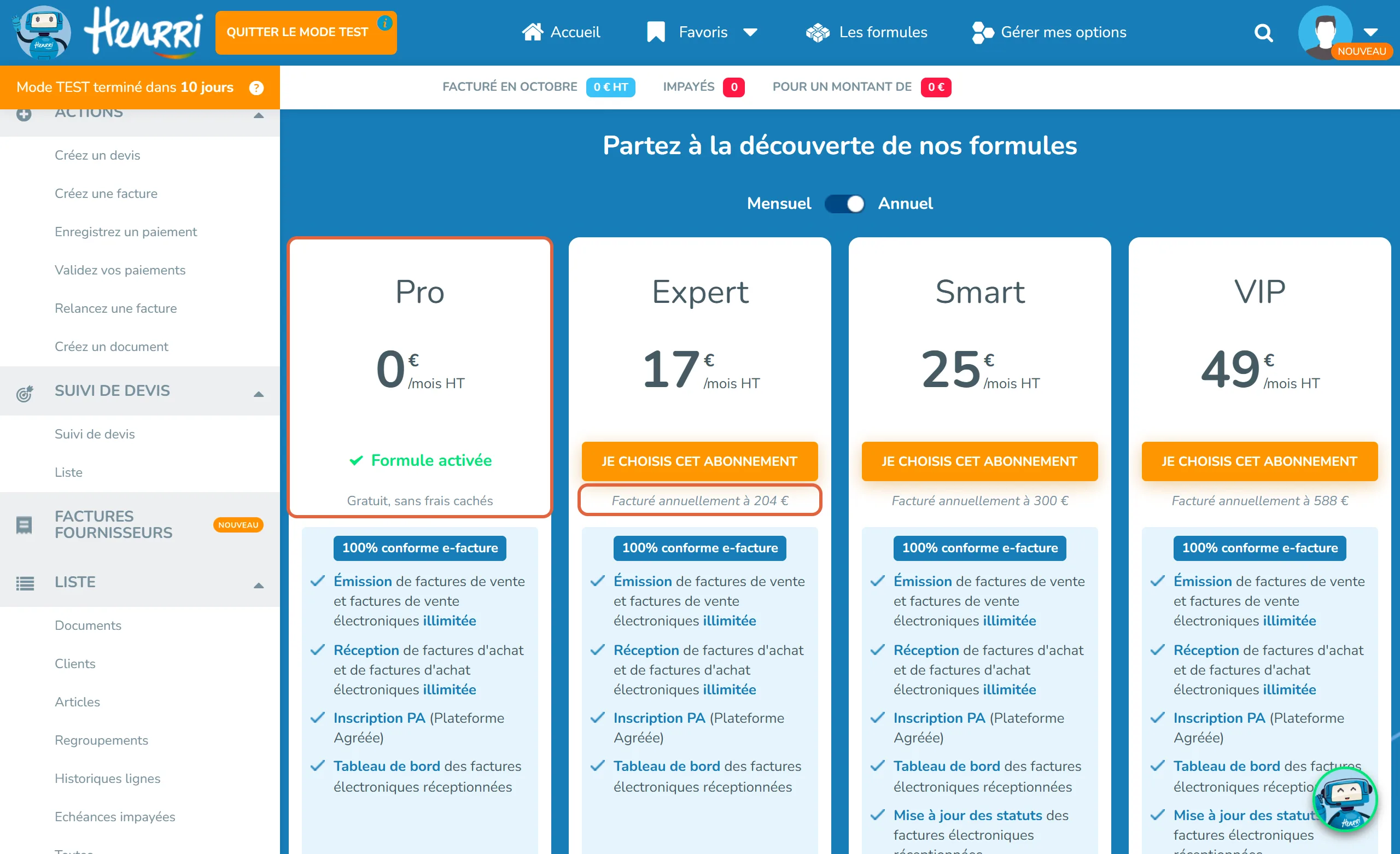 Écran Partez à la découverte de nos formules dans un compte Henrri, en paiement annuel : la colonne Pro à 0 € par mois HT, Formule activée, Gratuit sans frais cachés est encadrée, ainsi que la mention Facturé annuellement à 204 € sous Expert à 17 €