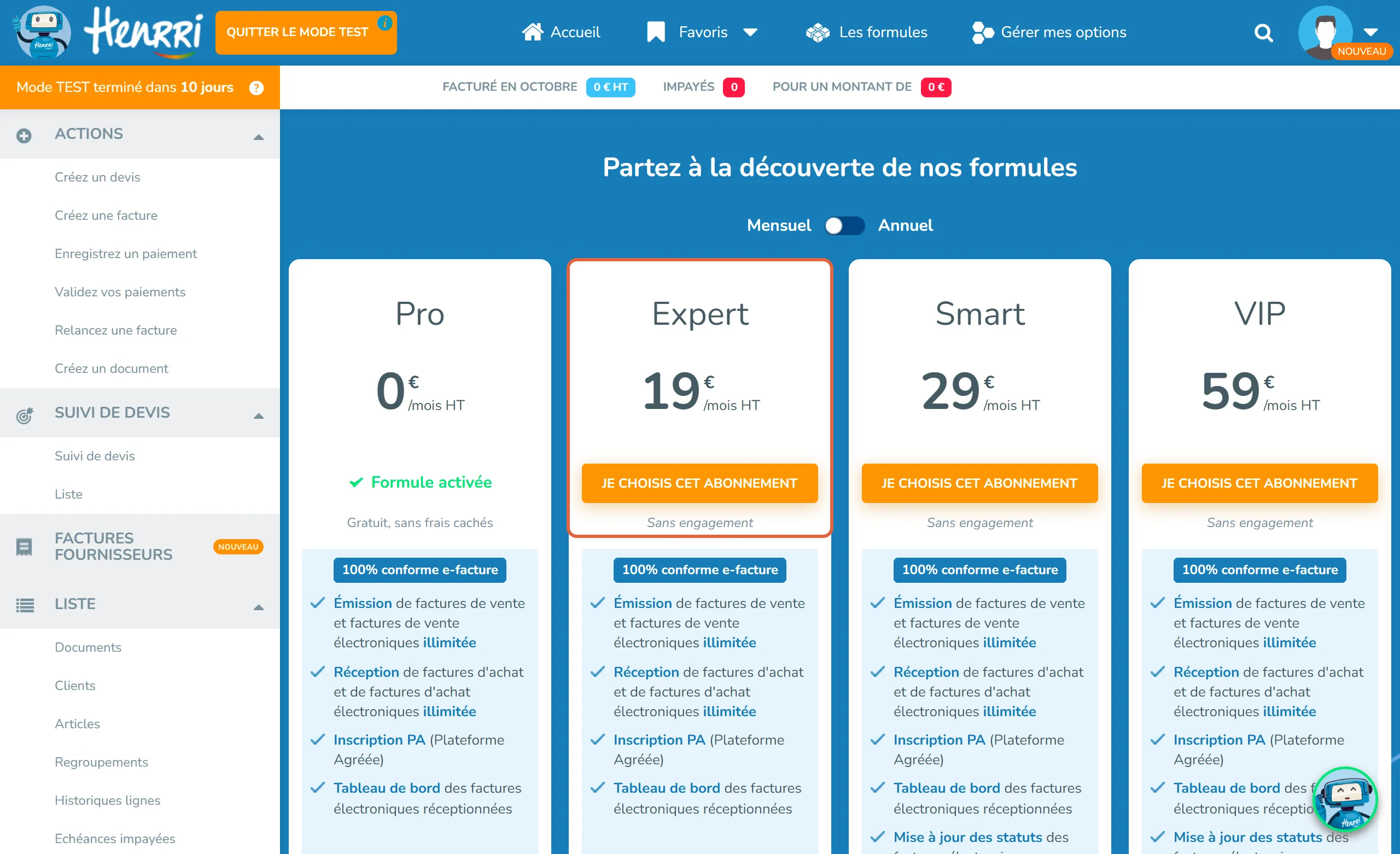 Écran des formules d'un compte Henrri en paiement mensuel : Pro à 0 €, Formule activée ; la colonne encadrée Expert à 19 € par mois HT, Sans engagement, puis Smart à 29 € et VIP à 59 €