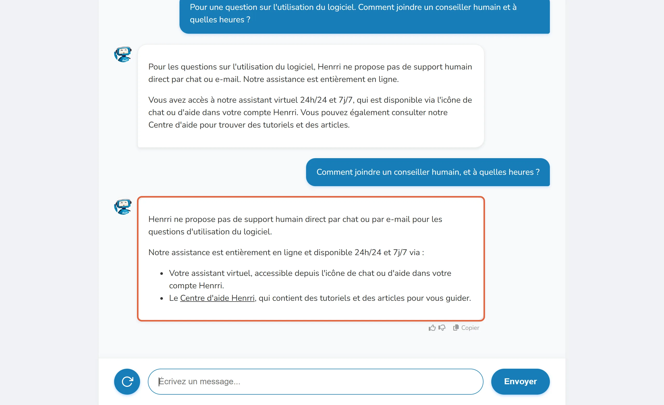 Assistant Henrri 24h/24 : à la question Comment joindre un conseiller humain, et à quelles heures, la réponse encadrée indique qu'Henrri ne propose pas de support humain direct par chat ou par e-mail pour les questions d'utilisation, et renvoie vers l'assistant virtuel et le centre d'aide
