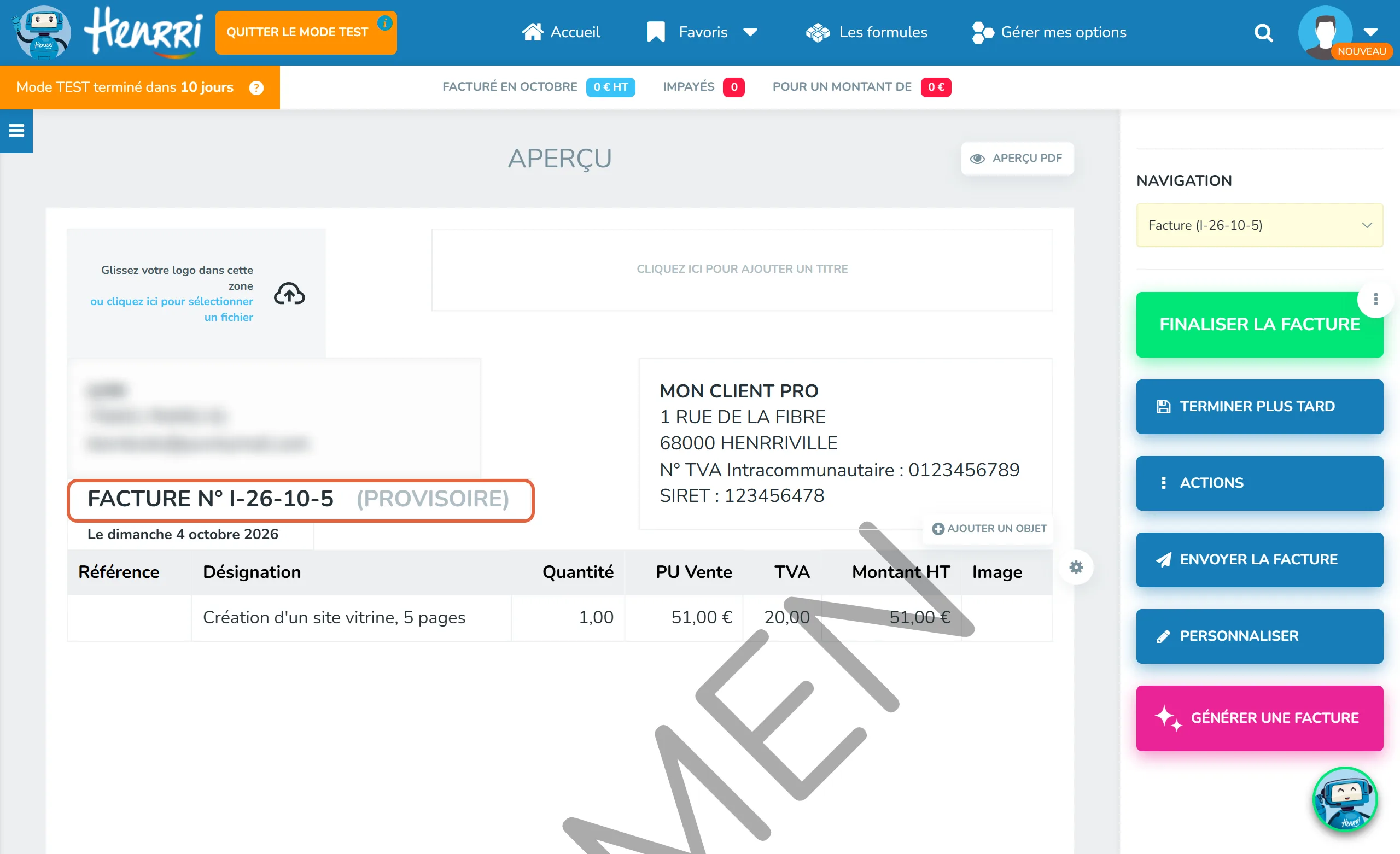Facture provisoire I-26-10-5 dans Henrri avec le filigrane SPECIMEN, une ligne Création d'un site vitrine à 51 € HT et TVA 20 ; le titre Facture n° I-26-10-5 (provisoire) est encadré, le bloc de l'émetteur est flouté