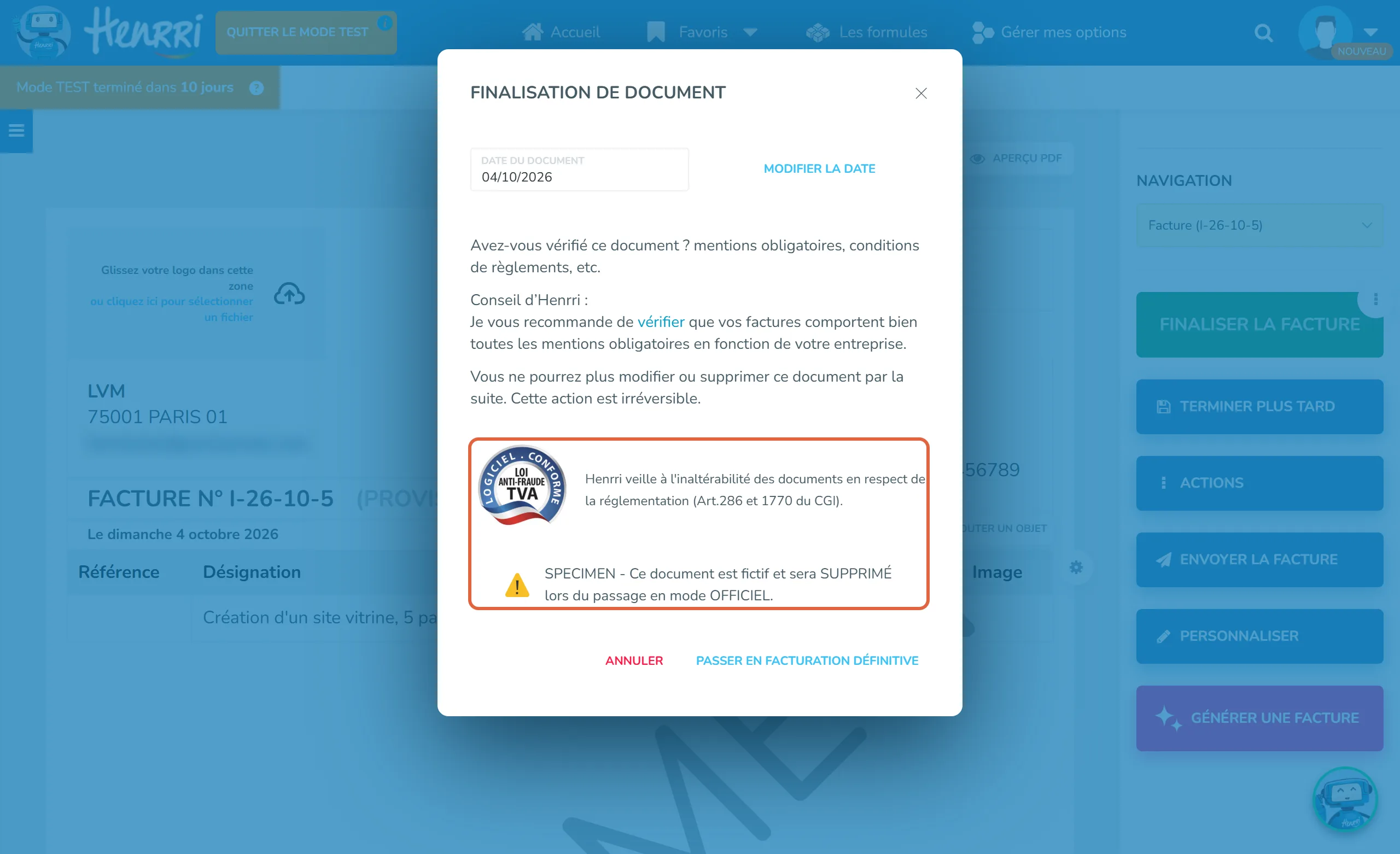 Fenêtre Finalisation de document de Henrri : rappel des mentions obligatoires, document non modifiable ensuite ; le bloc encadré cite l'inaltérabilité des documents selon les articles 286 et 1770 du CGI et l'avertissement SPECIMEN, document fictif supprimé lors du passage en mode officiel
