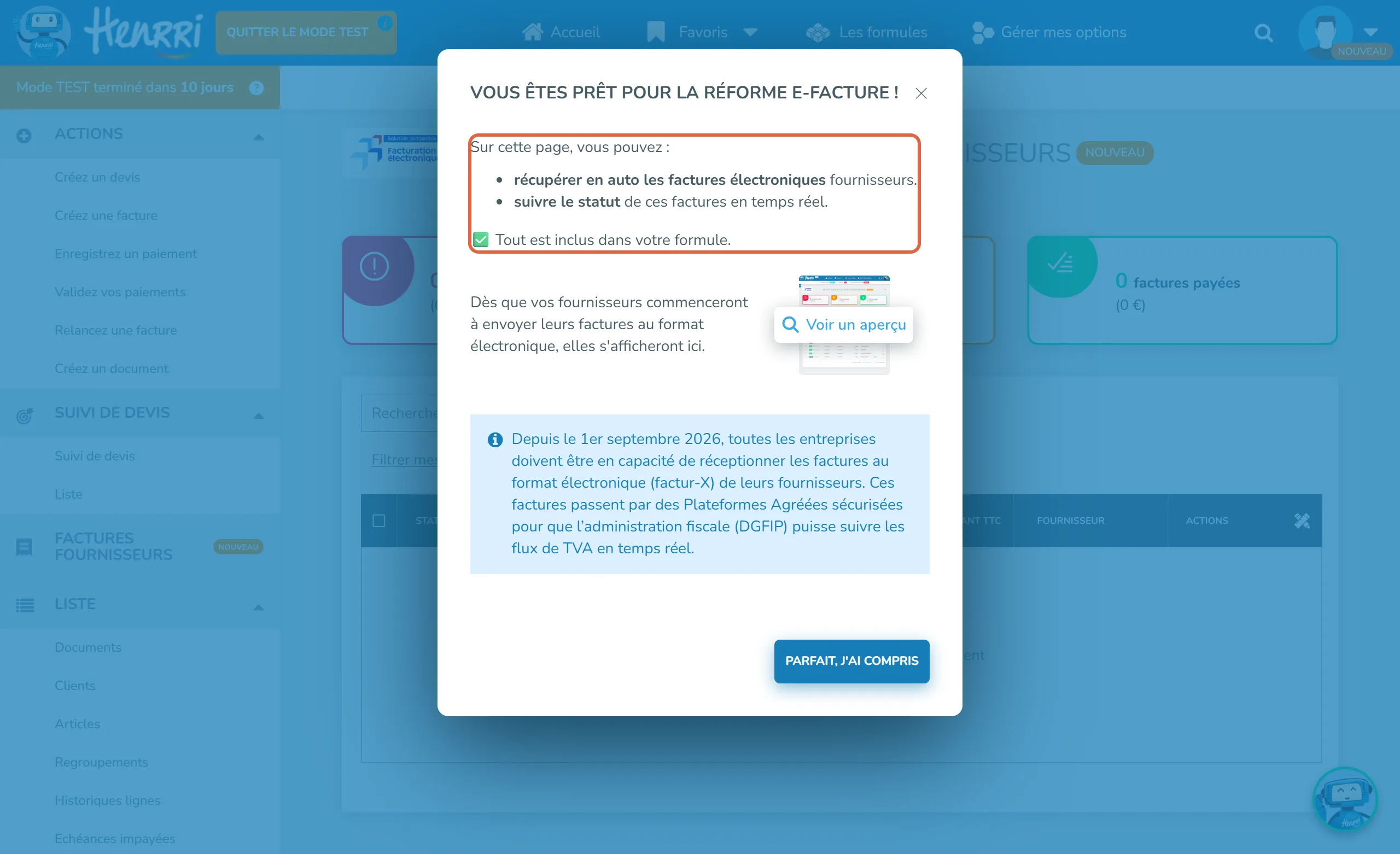 Page Réception des factures fournisseurs dans Henrri avec la fenêtre Vous êtes prêt pour la réforme e-facture ; le passage encadré annonce la récupération automatique des factures électroniques fournisseurs, le suivi de leur statut et Tout est inclus dans votre formule