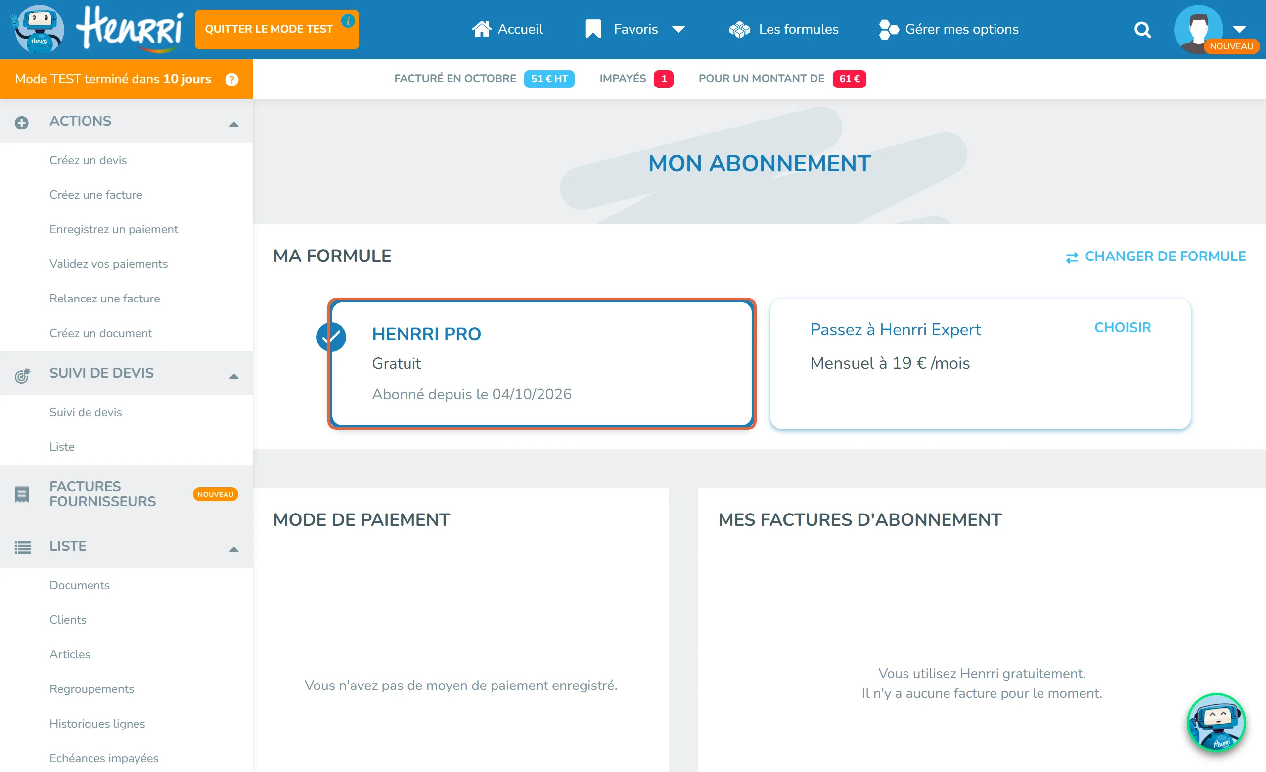 Espace Mon abonnement d'un compte Henrri : la formule encadrée Henrri Pro, Gratuit, abonné depuis le 04/10/2026 ; à côté, Passez à Henrri Expert, mensuel à 19 € par mois ; en bas, Vous n'avez pas de moyen de paiement enregistré