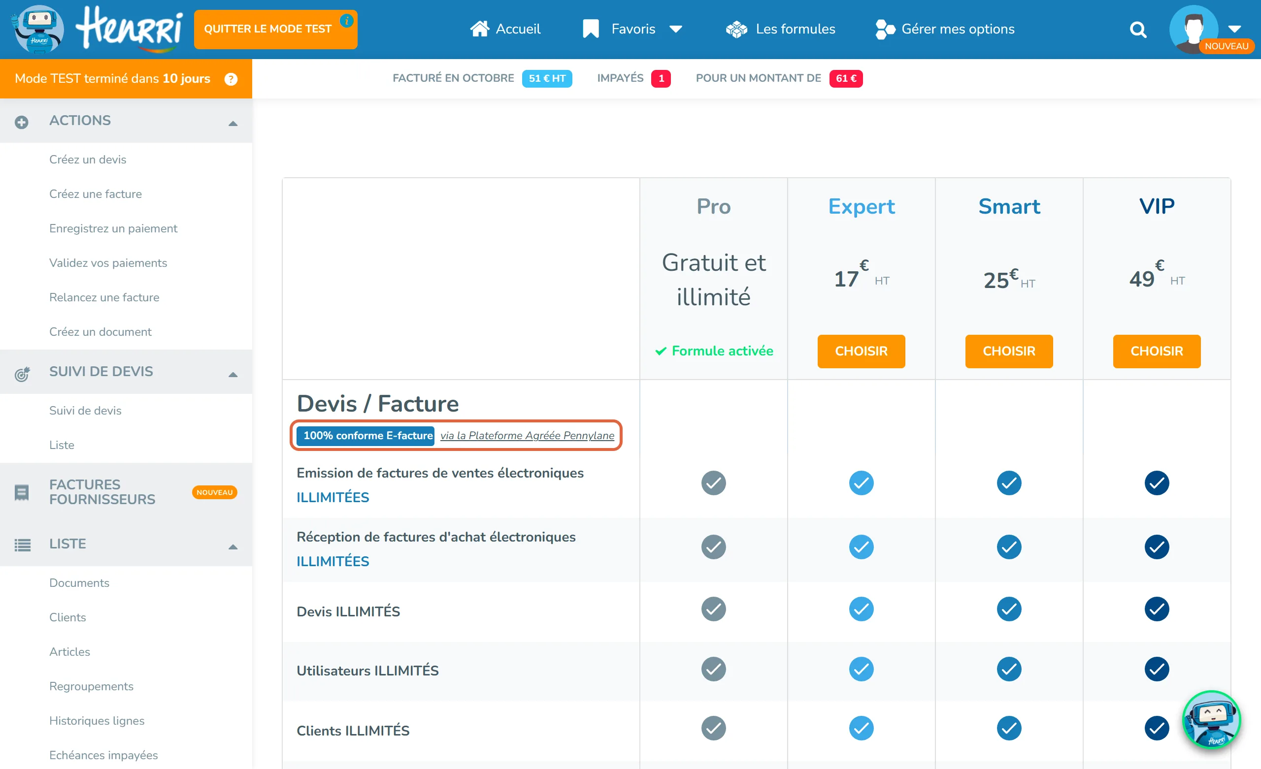 Tableau détaillé des formules dans un compte Henrri, rubrique Devis / Facture : la mention encadrée 100 % conforme E-facture via la Plateforme Agréée Pennylane, au-dessus des lignes Émission et Réception de factures électroniques illimitées, cochées pour Pro, Expert, Smart et VIP