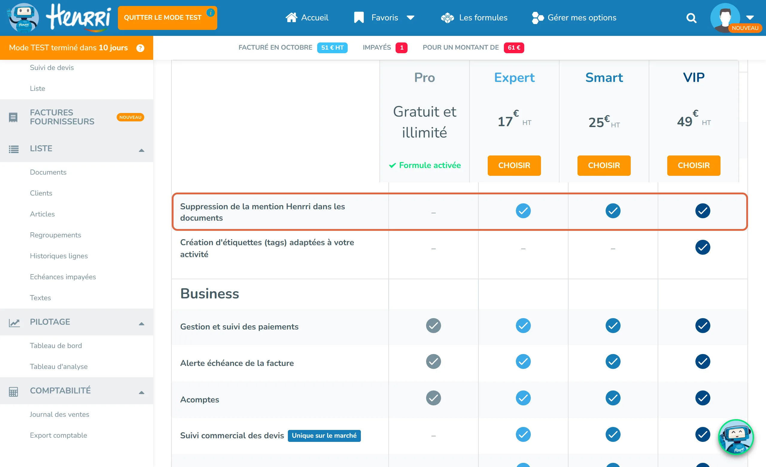 Tableau détaillé des formules dans un compte Henrri : la ligne encadrée Suppression de la mention Henrri dans les documents porte un tiret pour Pro et une coche pour Expert, Smart et VIP