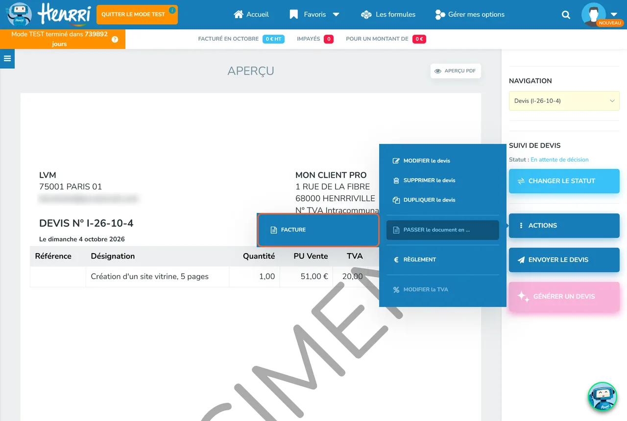 Devis finalisé dans Henrri avec le menu Actions ouvert : Modifier, Supprimer, Dupliquer, Passer le document en… et, encadrée, l'option Facture