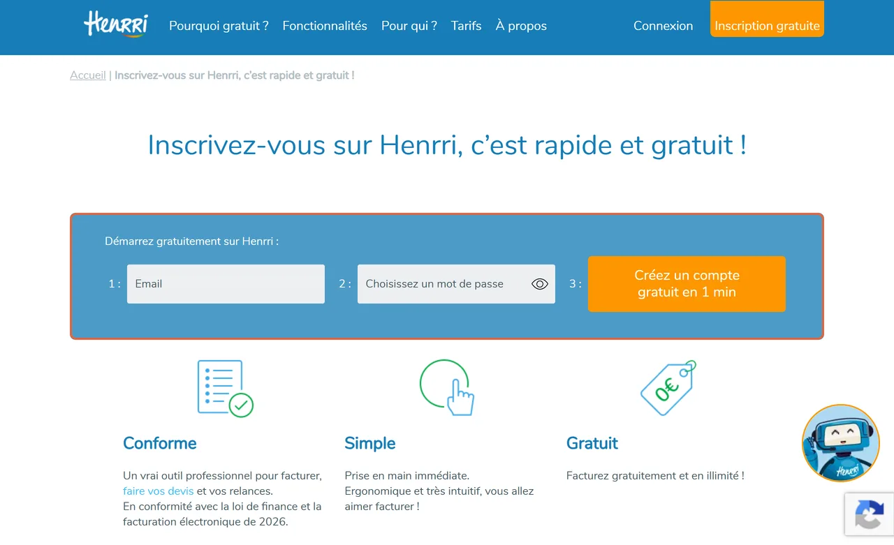 Formulaire d'inscription de Henrri en trois étapes sur une ligne : e-mail, mot de passe et bouton Créez un compte gratuit en 1 min