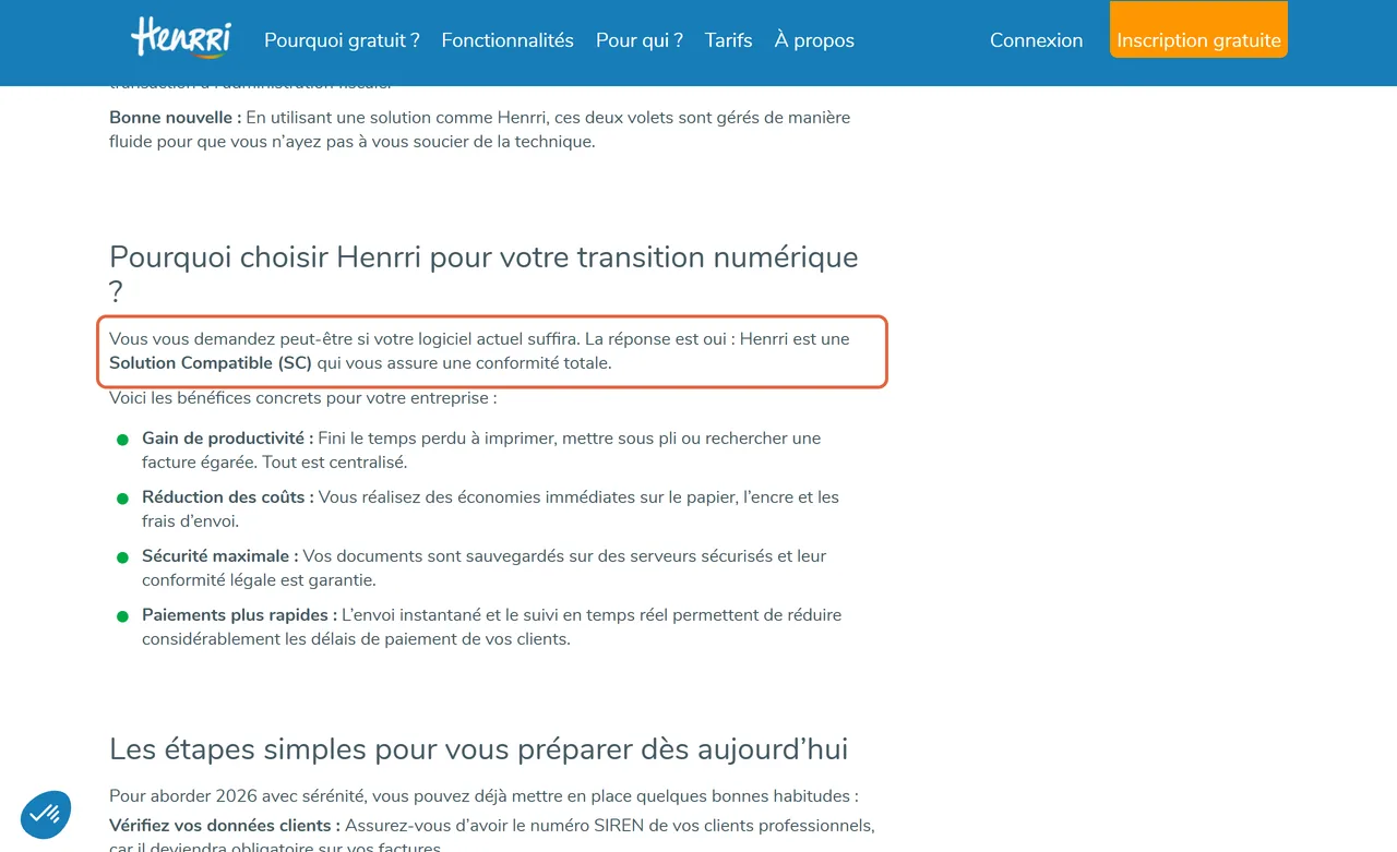 Page « facture électronique » de Henrri : la phrase La réponse est oui : Henrri est une Solution Compatible (SC) qui vous assure une conformité totale est encadrée