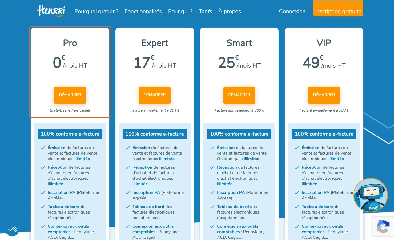 Page de tarifs de Henrri avec quatre formules : Pro à 0 € par mois HT, encadrée, puis Expert à 17 €, Smart à 25 € et VIP à 49 €