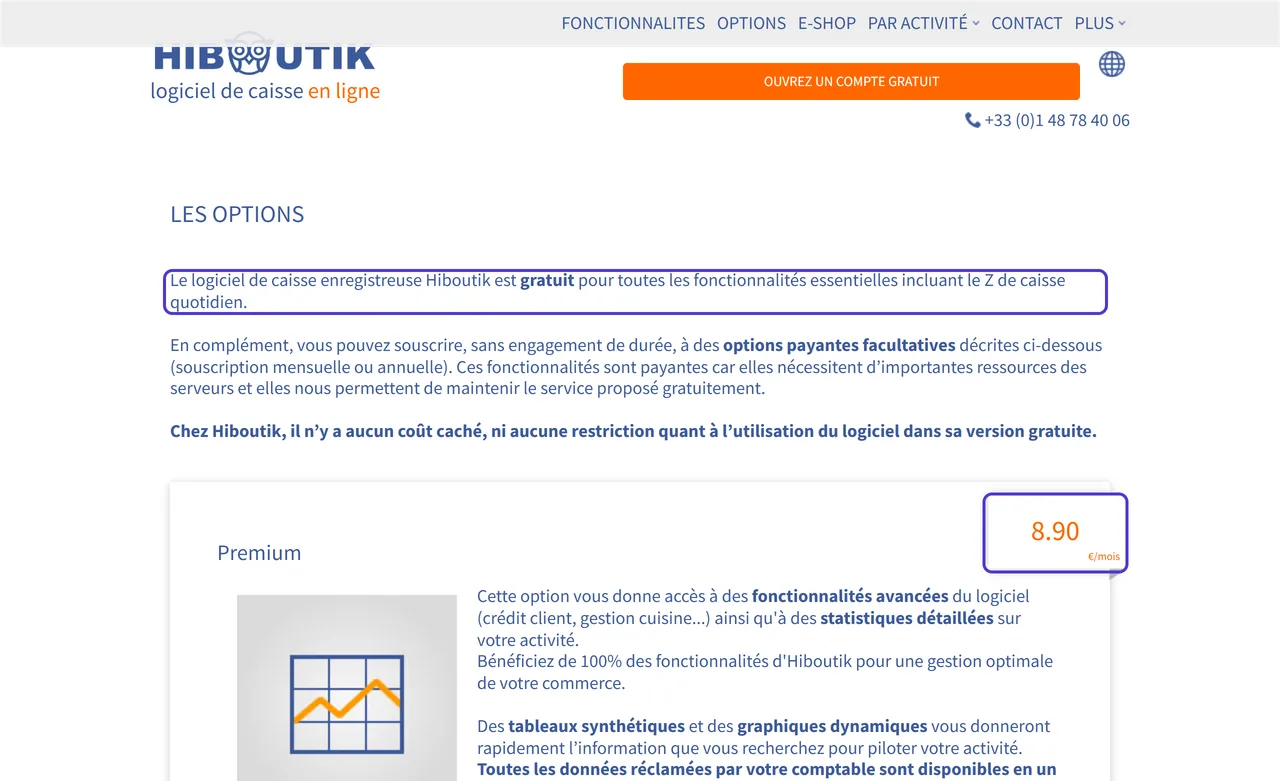 Page des options de Hiboutik : la phrase annonçant le logiciel de caisse gratuit pour les fonctionnalités essentielles et le prix de l'option Premium, 8,90 € par mois, sont encadrés