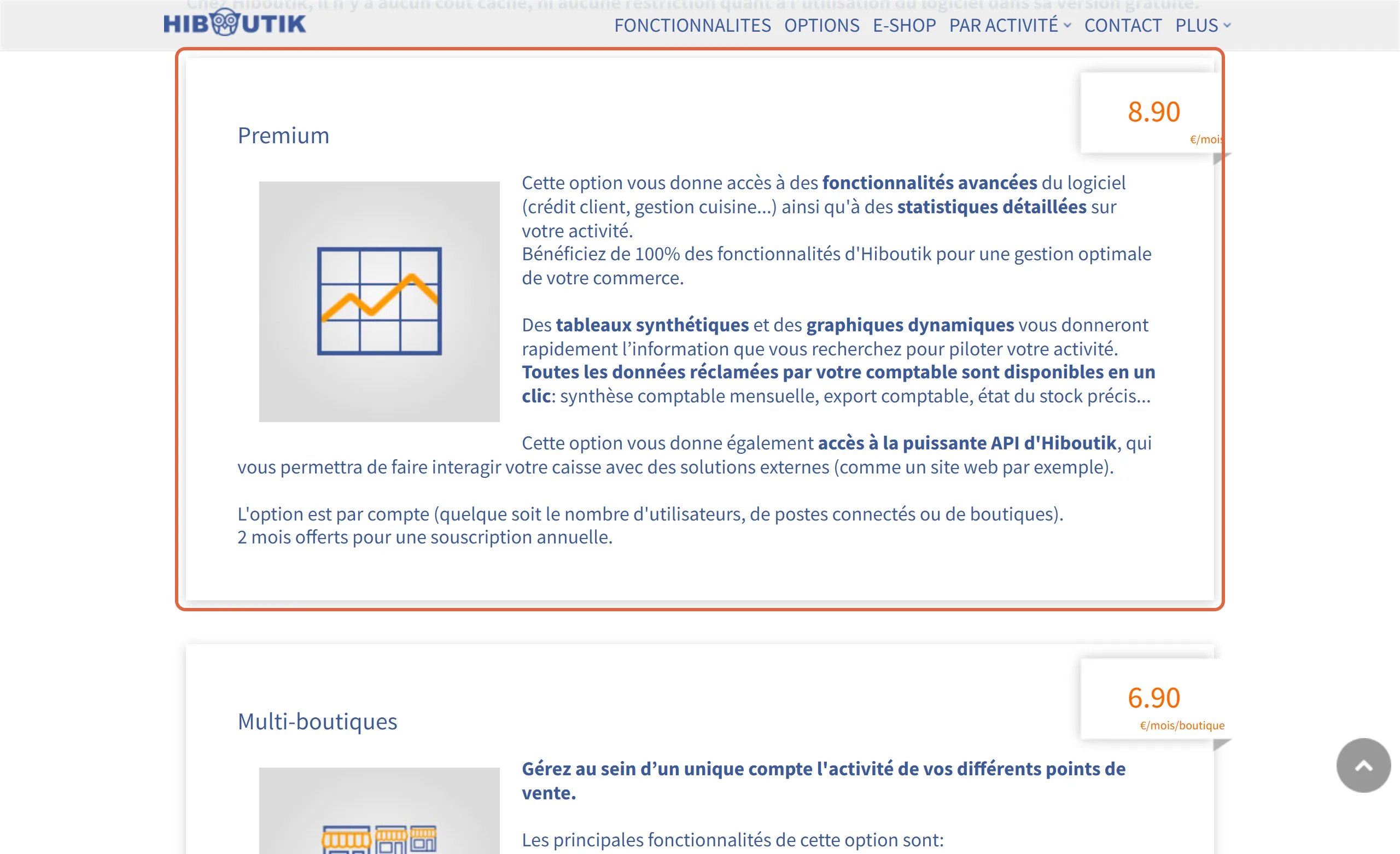 Page des options d'Hiboutik, caisse enregistreuse pour commerce : l'option Premium à 8,90 € par mois est encadrée, au-dessus de l'option Multi-boutiques à 6,90 € par mois et par boutique