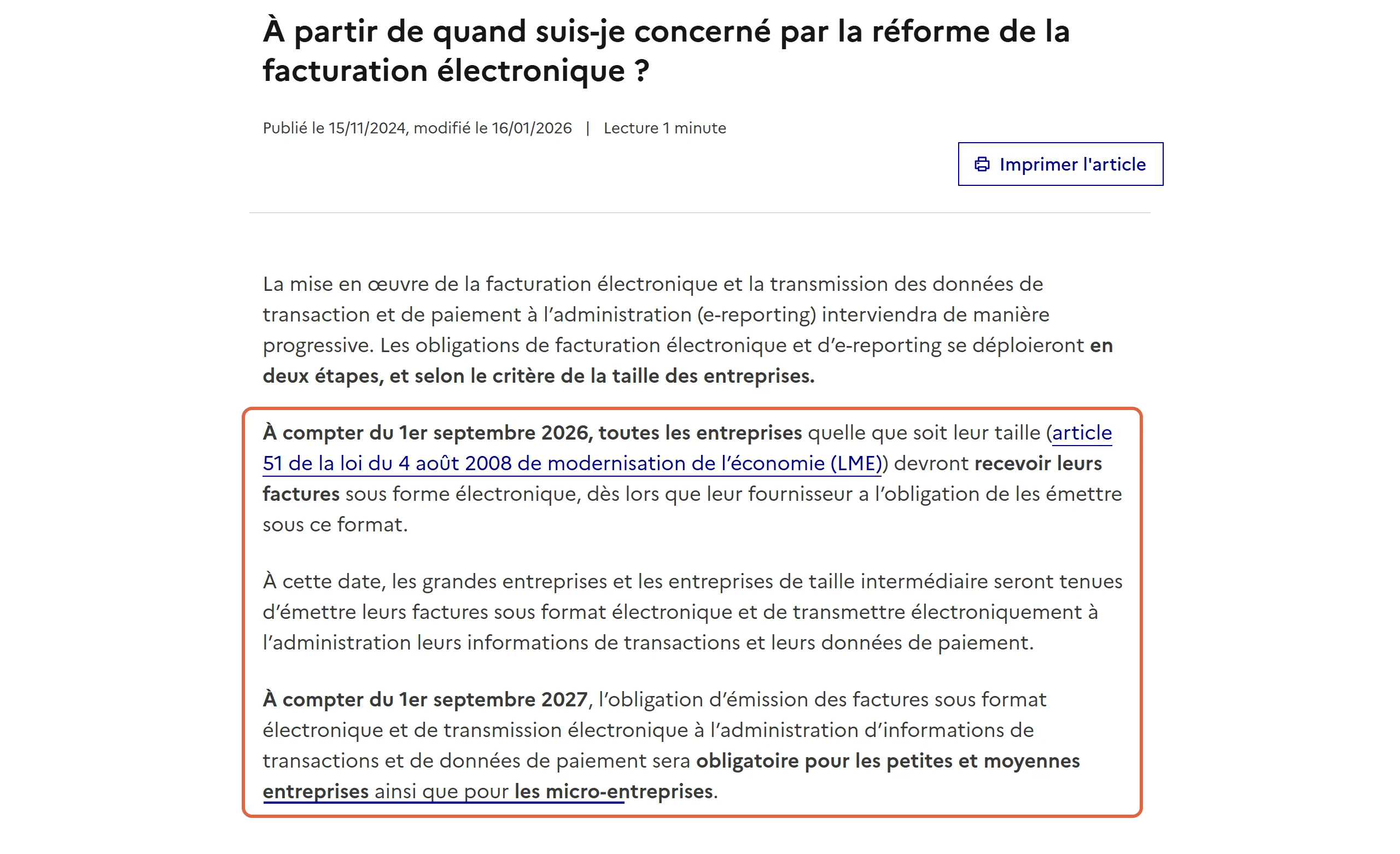 Calendrier de la facture électronique sur impots.gouv.fr : les trois paragraphes encadrés donnent le 1er septembre 2026 pour la réception et pour l’émission des grandes entreprises, puis le 1er septembre 2027 pour les PME et les micro-entreprises