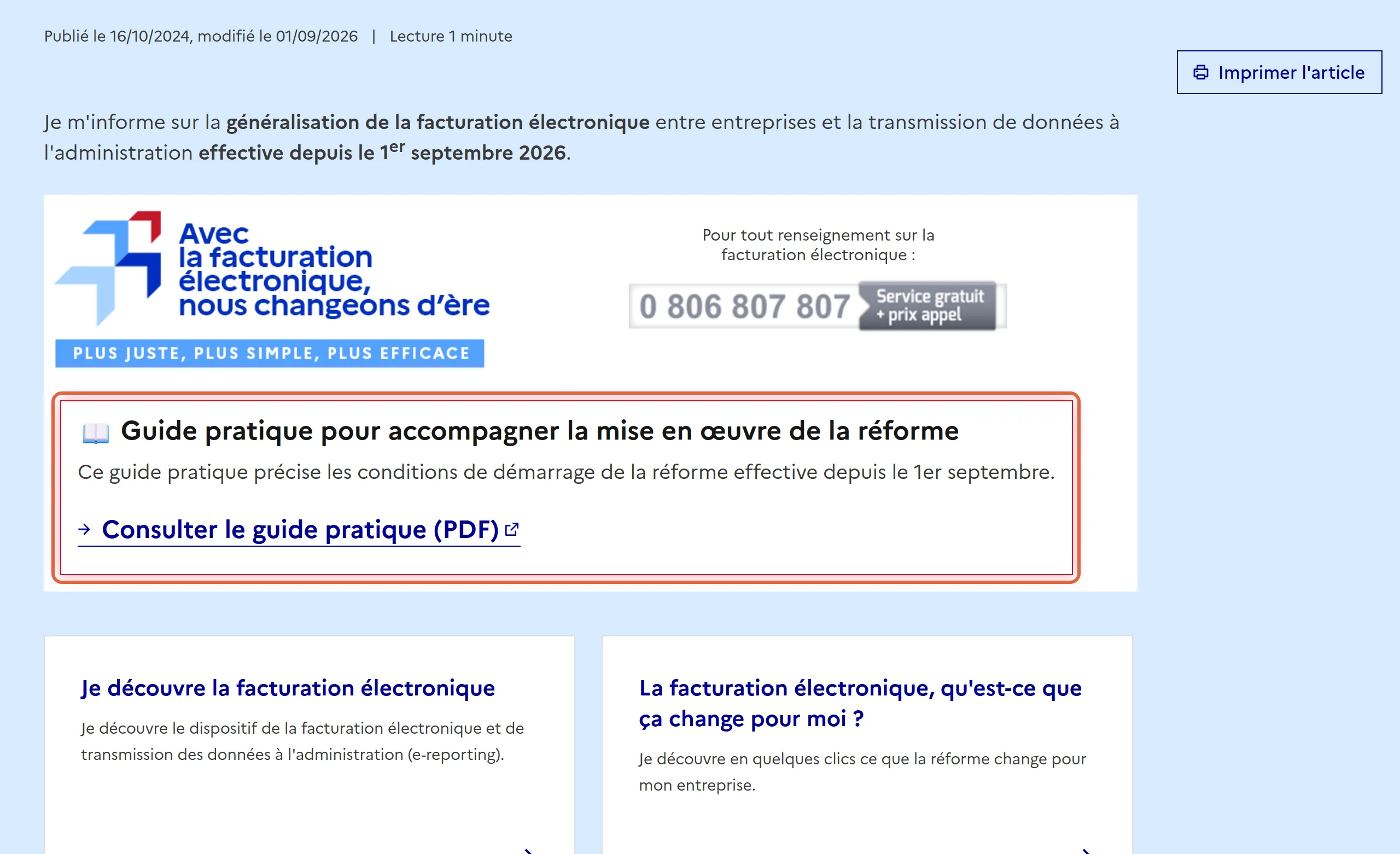 Rubrique « Je passe à la facturation électronique » d’impots.gouv.fr, modifiée le 01/09/2026, avec l’encadré du guide pratique de démarrage et le numéro d’information 0 806 807 807