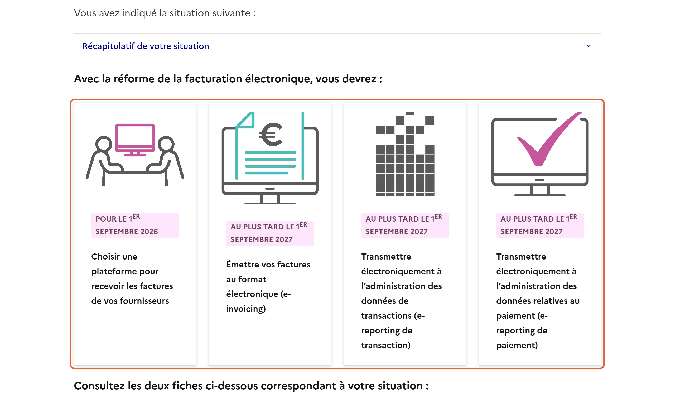 Résultat du questionnaire d’impots.gouv.fr pour une petite entreprise en franchise de TVA : quatre obligations encadrées, dont choisir une plateforme pour le 1er septembre 2026 et émettre des factures électroniques au plus tard le 1er septembre 2027