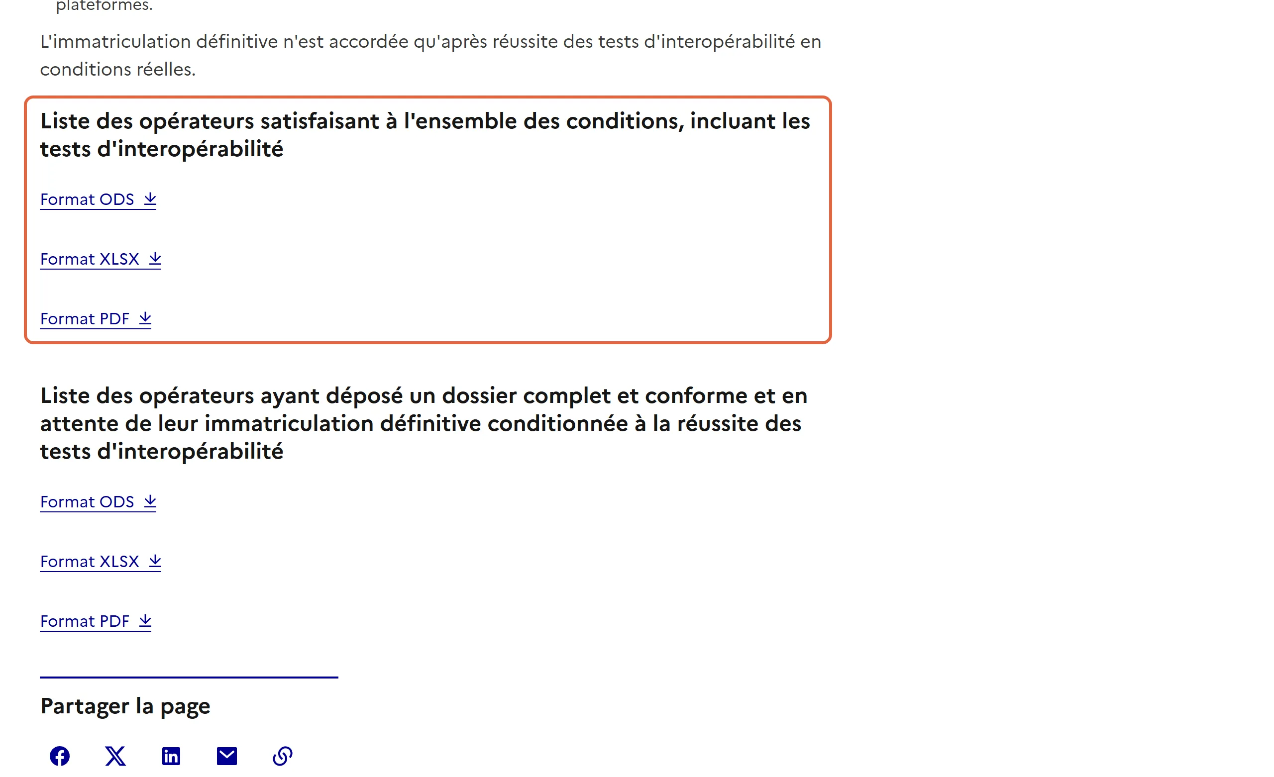 Page « Je consulte la liste des plateformes agréées » d’impots.gouv.fr : la première liste, celle des opérateurs qui ont réussi les tests d’interopérabilité, est encadrée avec ses trois formats de téléchargement