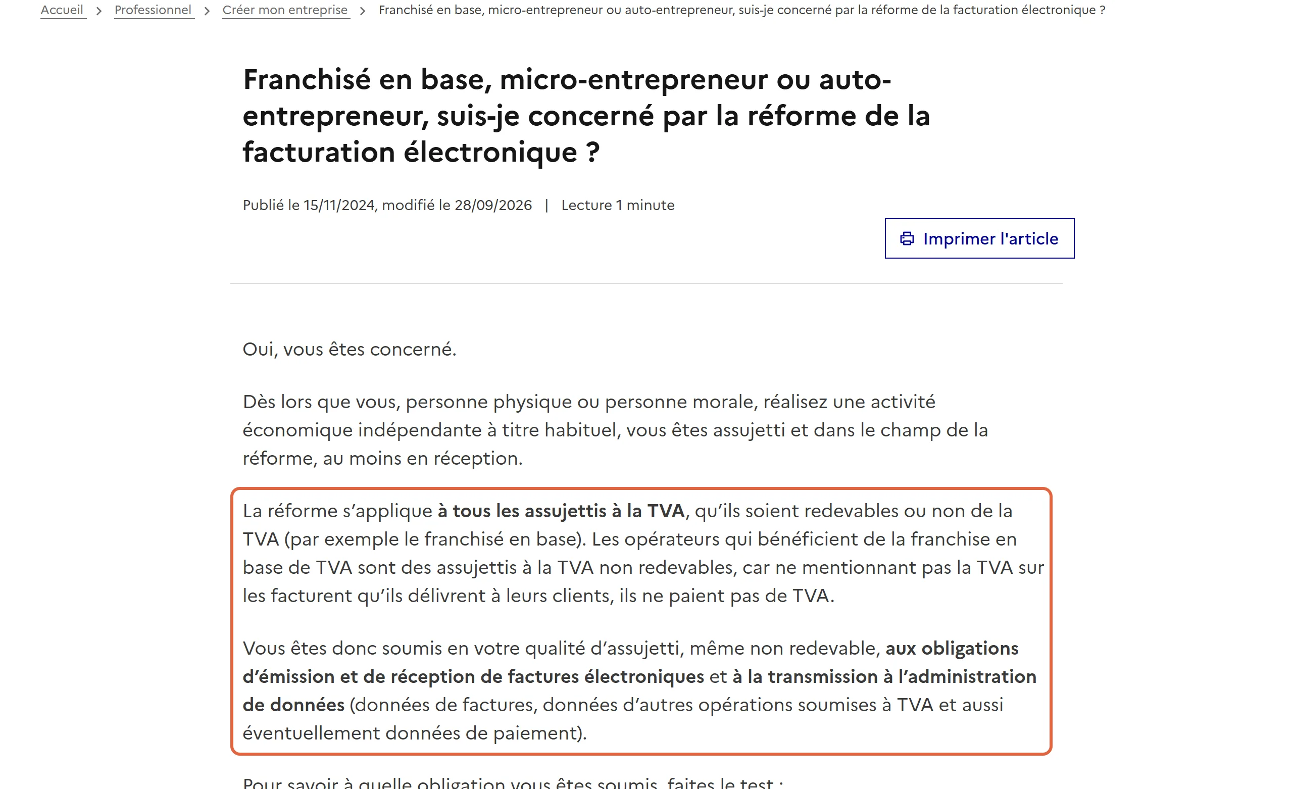 Réponse d’impots.gouv.fr à la question « Franchisé en base, micro-entrepreneur ou auto-entrepreneur, suis-je concerné par la réforme de la facturation électronique ? », modifiée le 28/09/2026 : les paragraphes encadrés expliquent que la réforme s’applique à tous les assujettis, redevables ou non de la TVA