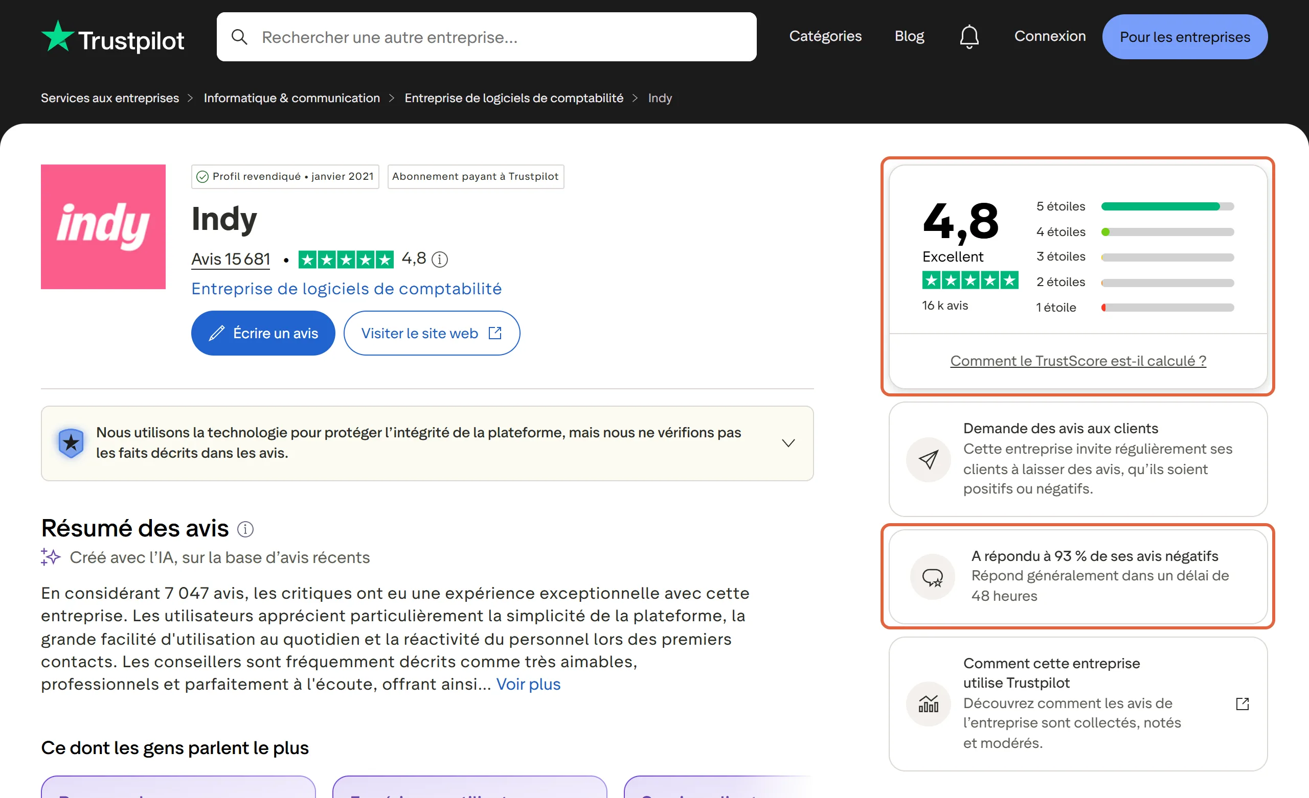 Page d'Indy sur Trustpilot avec le bloc de la note encadré : 4,8, Excellent, 16 k avis, répartition de 5 étoiles à 1 étoile, et le bloc Demande des avis aux clients encadré