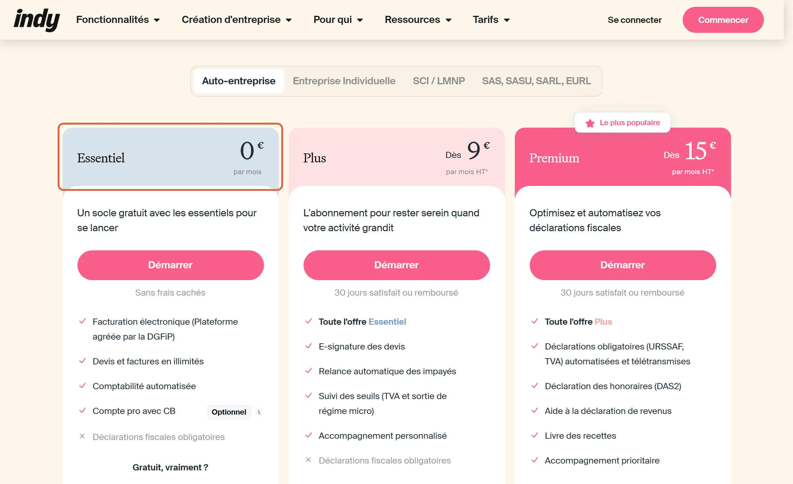 Page des tarifs d'Indy, onglet Auto-entreprise, avec les formules Essentiel à 0 €, Plus dès 9 € et Premium dès 15 € par mois HT, et le prix de la formule Essentiel encadré