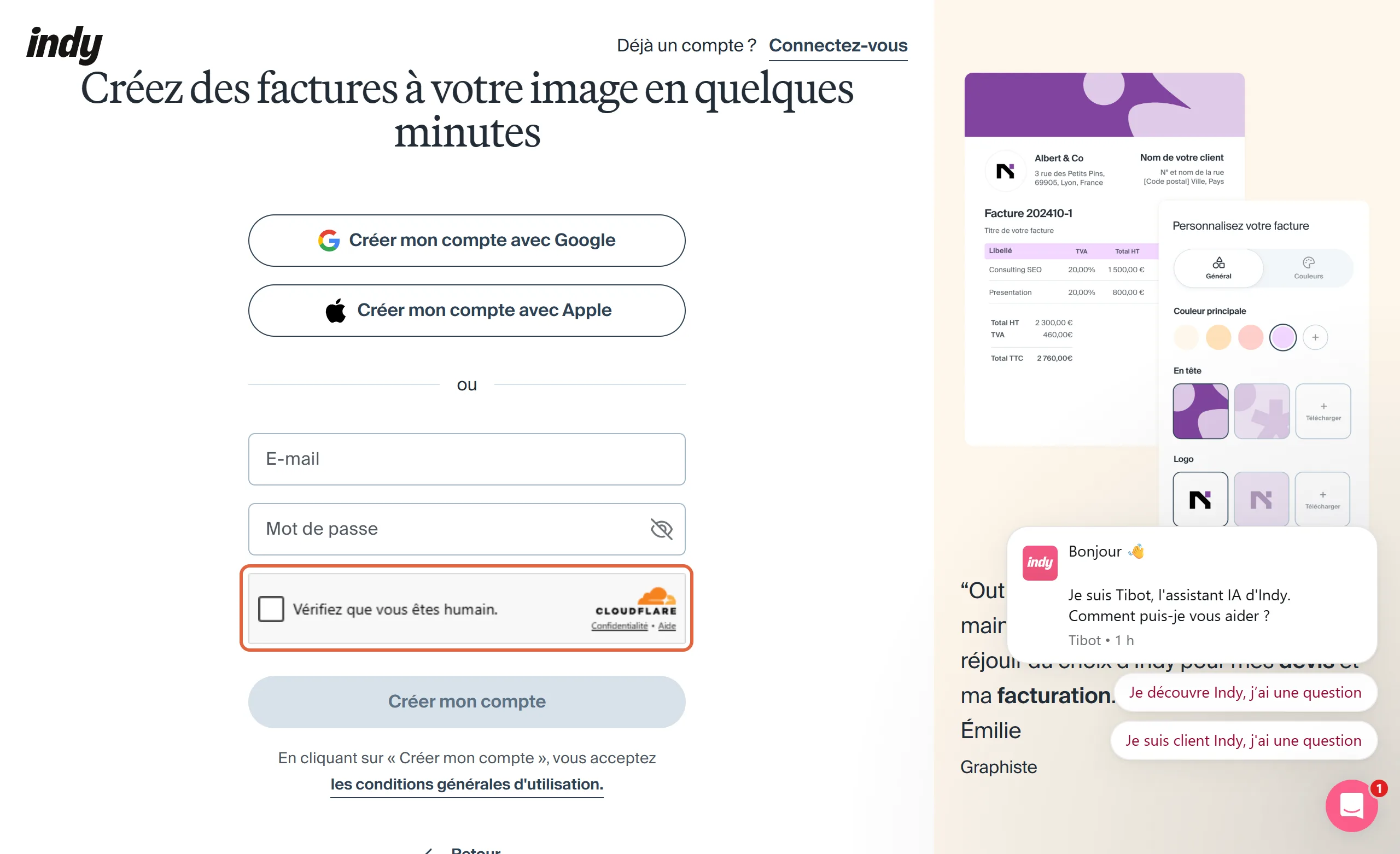 Troisième écran de l'inscription à Indy, Créez des factures à votre image en quelques minutes, avec les champs e-mail et mot de passe remplis et la case Cloudflare Vérifiez que vous êtes humain encadrée