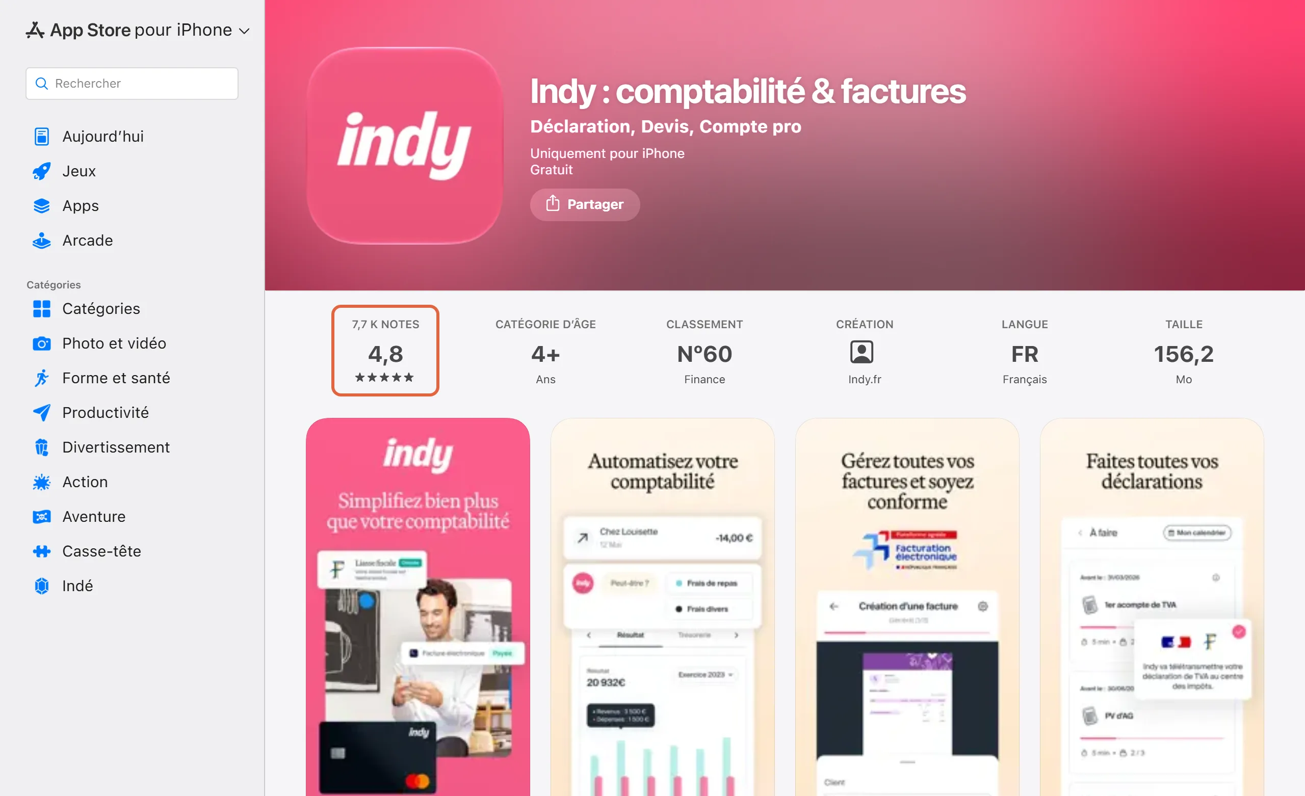 Fiche de l'application Indy comptabilité et factures sur l'App Store français, avec le bloc de la note encadré : 7,7 k notes, 4,8 étoiles