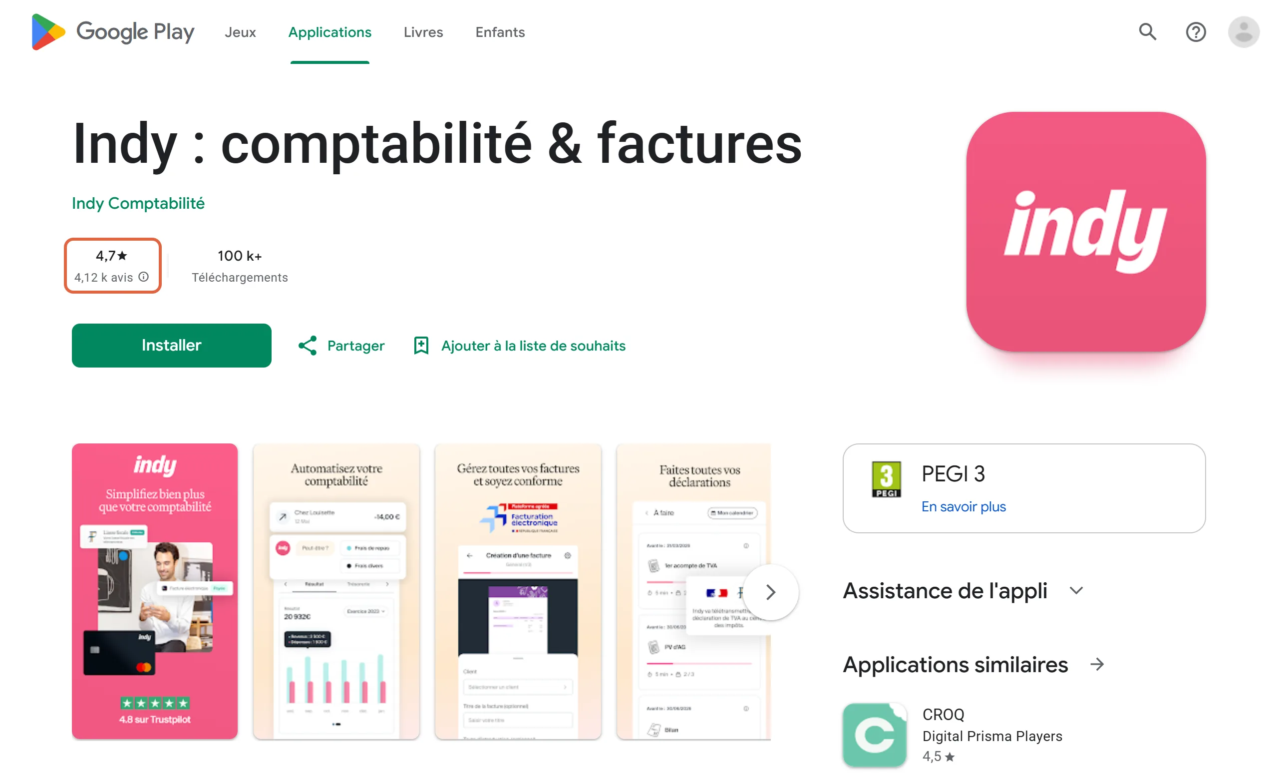 Fiche de l'application Indy comptabilité et factures sur Google Play en français, avec le bloc de la note encadré : 4,7 étoiles, 4,12 k avis, 100 k et plus de téléchargements
