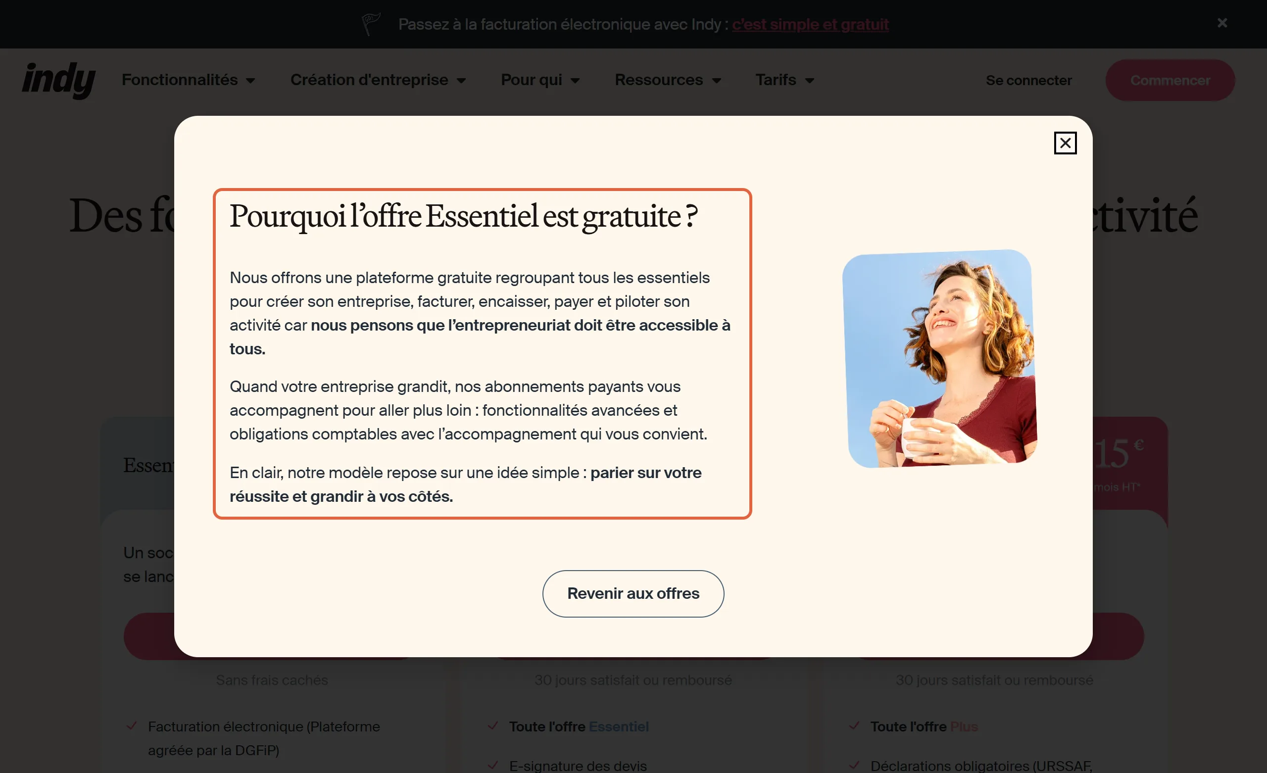 Fenêtre Pourquoi l'offre Essentiel est gratuite ? ouverte sur la page des tarifs d'Indy, avec les trois paragraphes d'explication encadrés