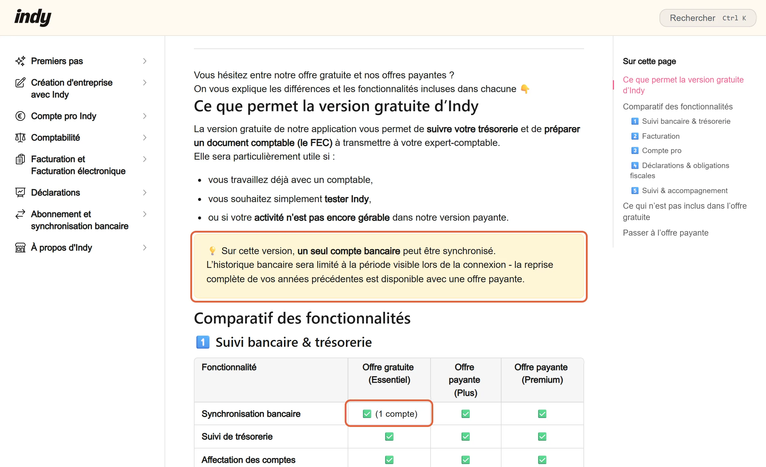 Article du centre d'aide d'Indy, Ce que permet la version gratuite d'Indy, avec l'encadré Sur cette version, un seul compte bancaire peut être synchronisé, et la ligne Synchronisation bancaire, 1 compte pour l'offre gratuite Essentiel, encadrés