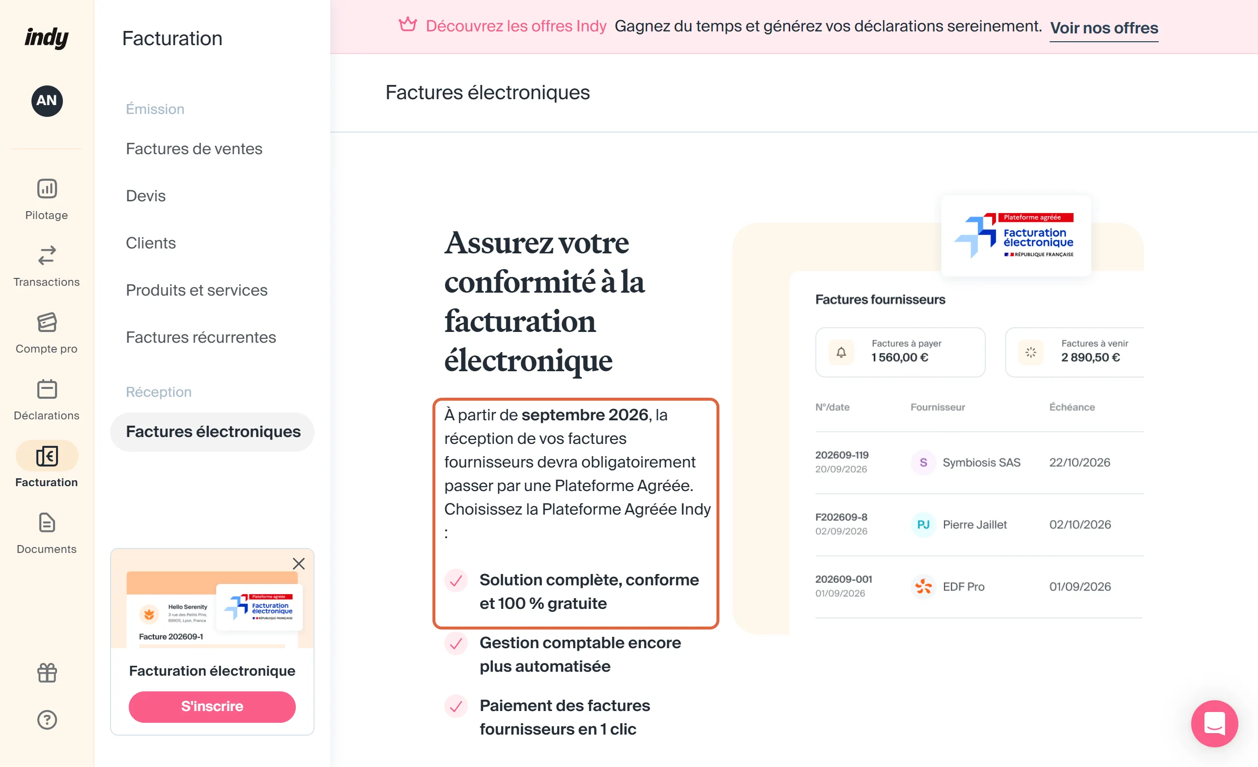 Page Factures électroniques d'un compte Indy Essentiel, avec le texte encadré À partir de septembre 2026, la réception de vos factures fournisseurs devra obligatoirement passer par une Plateforme Agréée, Choisissez la Plateforme Agréée Indy, Solution complète, conforme et 100 % gratuite