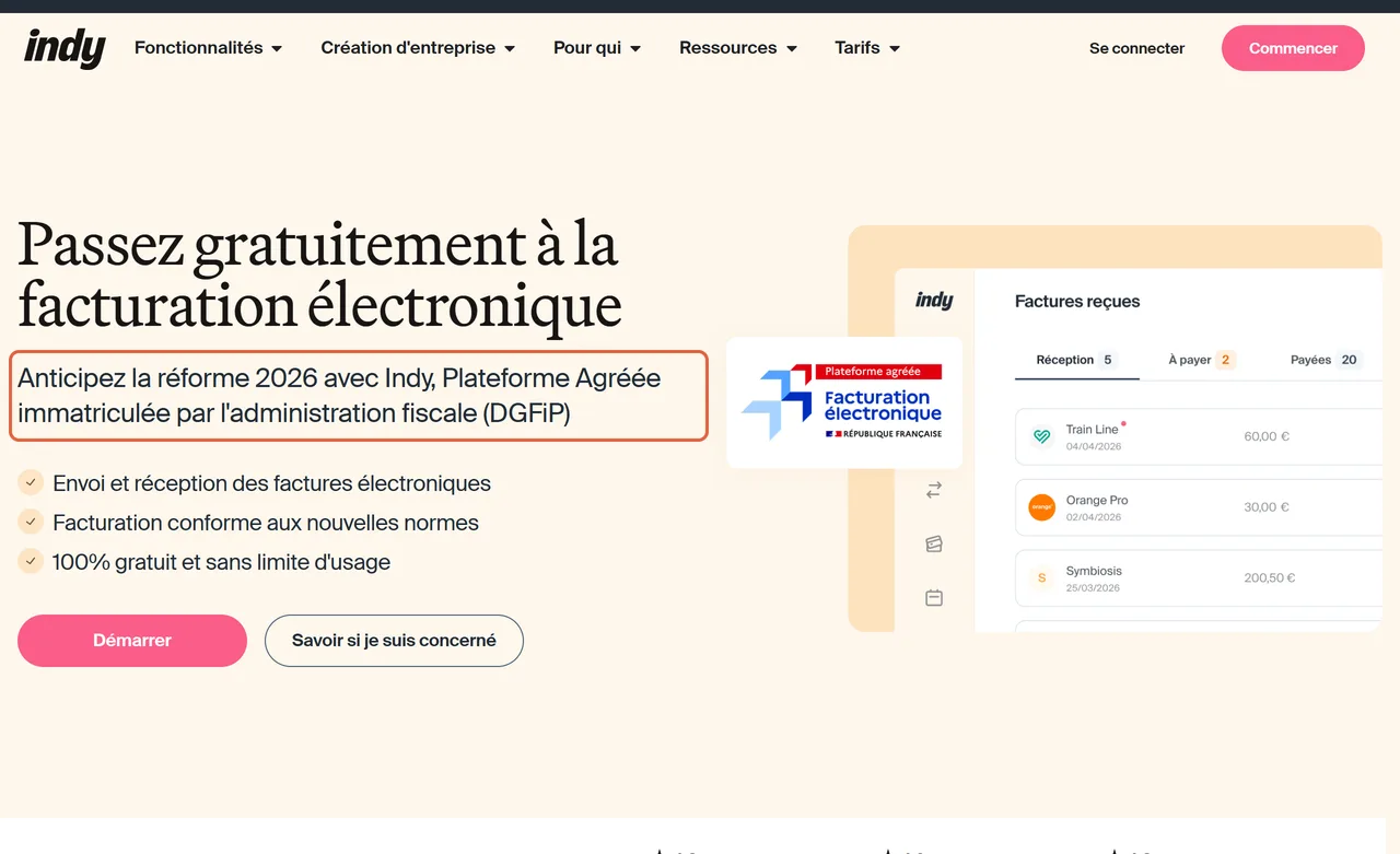 Page « facturation électronique » d’Indy : le sous-titre Anticipez la réforme 2026 avec Indy, Plateforme Agréée immatriculée par l’administration fiscale (DGFiP) est encadré