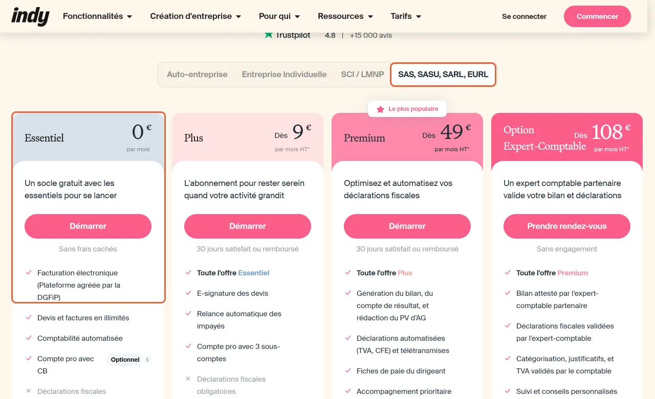 Page de tarifs d’Indy, onglet SAS, SASU, SARL, EURL : la formule Essentiel à 0 € avec la facturation électronique par plateforme agréée par la DGFiP est encadrée, à côté des formules Plus et Premium