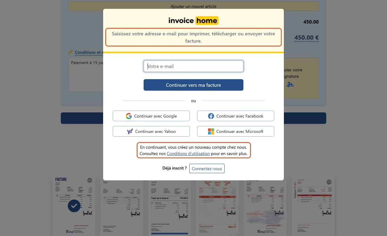 Fenêtre d'Invoice Home encadrée en haut : « Saisissez votre adresse e-mail pour imprimer, télécharger ou envoyer votre facture », et en bas : « En continuant, vous créez un nouveau compte chez nous »