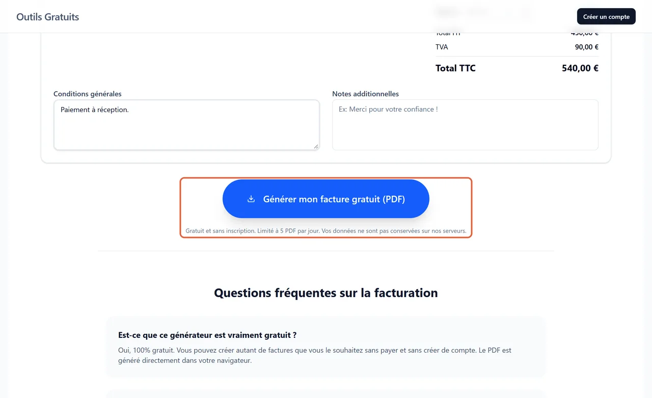 Bas du formulaire d'Invoxa : total TTC de 540 €, bouton « Générer mon facture gratuit (PDF) » et, encadrée, la mention « Gratuit et sans inscription. Limité à 5 PDF par jour »
