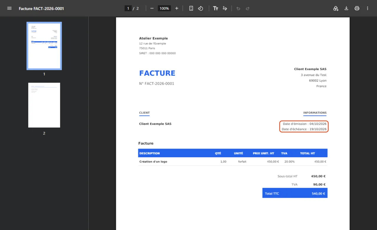 Facture PDF produite par le générateur d'Invoxa : émetteur Atelier Exemple, client Client Exemple SAS, total TTC de 540 €, dates d'émission et d'échéance encadrées