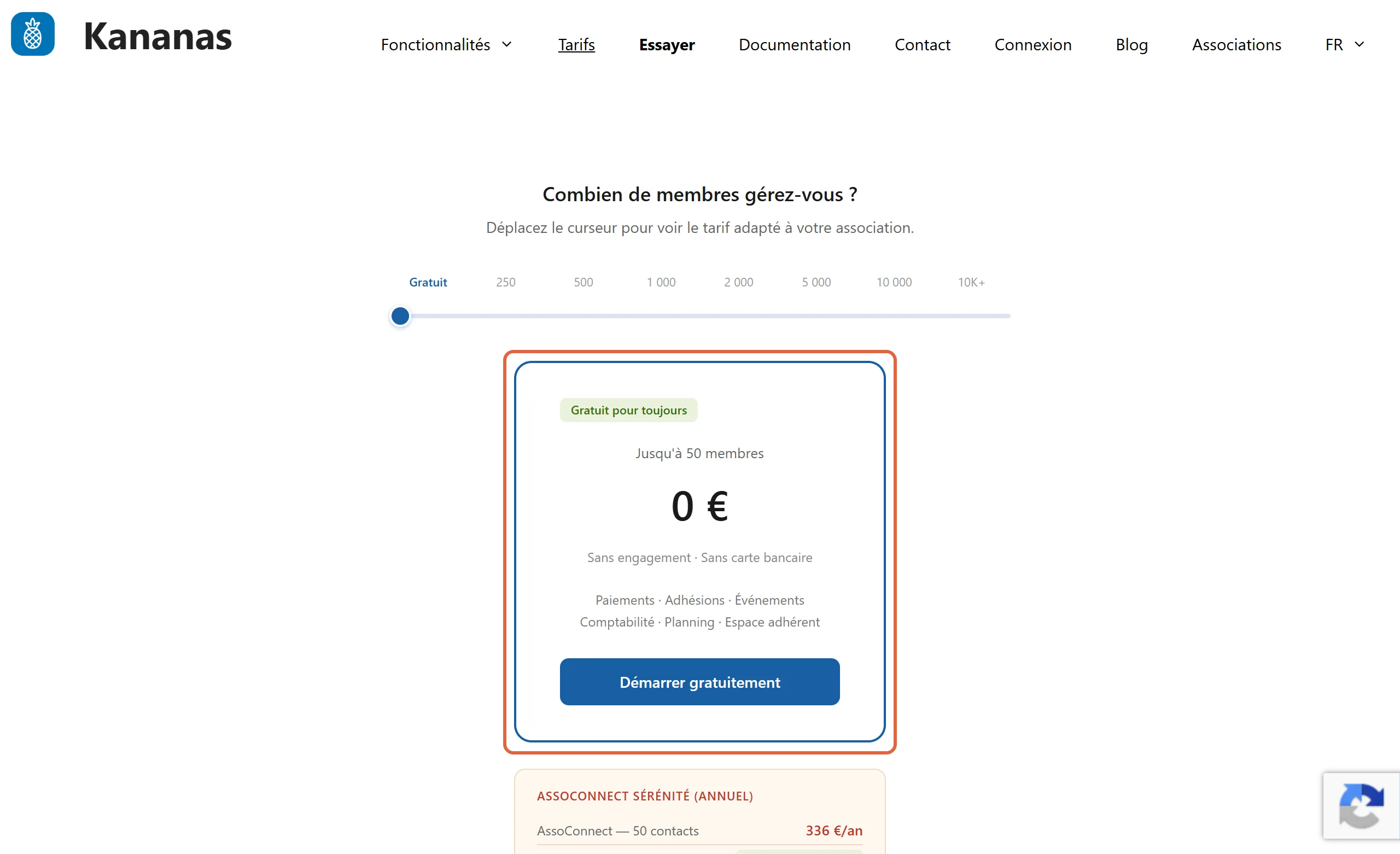 Page de tarifs de Kananas, curseur placé sur Gratuit : la carte « Gratuit pour toujours », jusqu'à 50 membres, comptabilité comprise, est encadrée