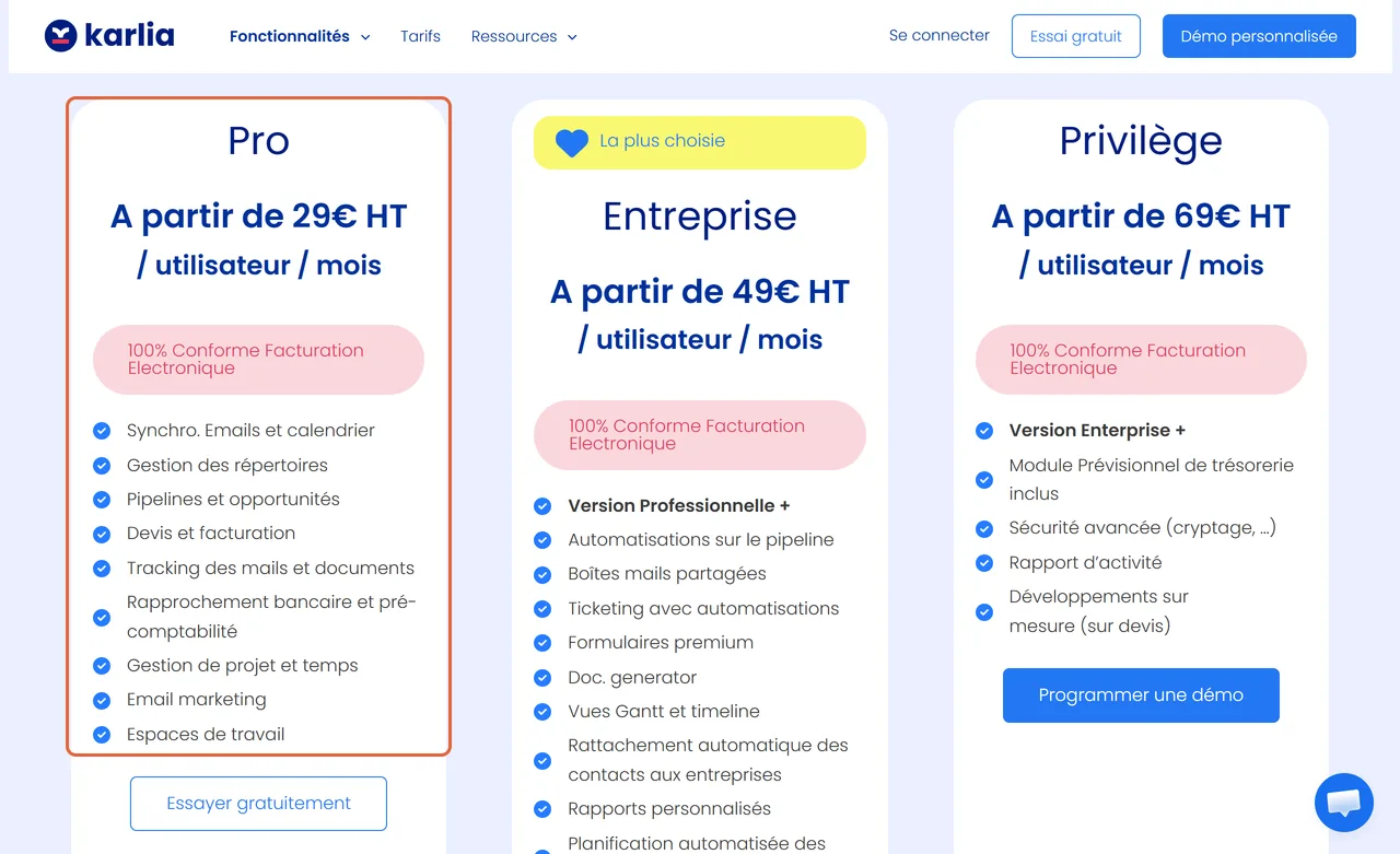 Page de tarifs de Karlia : la formule Pro à partir de 29 € HT par utilisateur et par mois, avec devis et facturation, rapprochement bancaire et gestion de projet, est encadrée