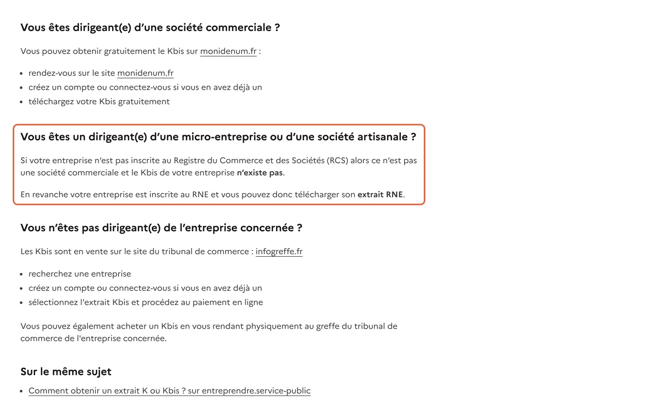 Foire aux questions de l’Annuaire des entreprises : le bloc encadré indique qu’une micro-entreprise ou une société artisanale non inscrite au RCS n’a pas de Kbis et peut télécharger son extrait RNE